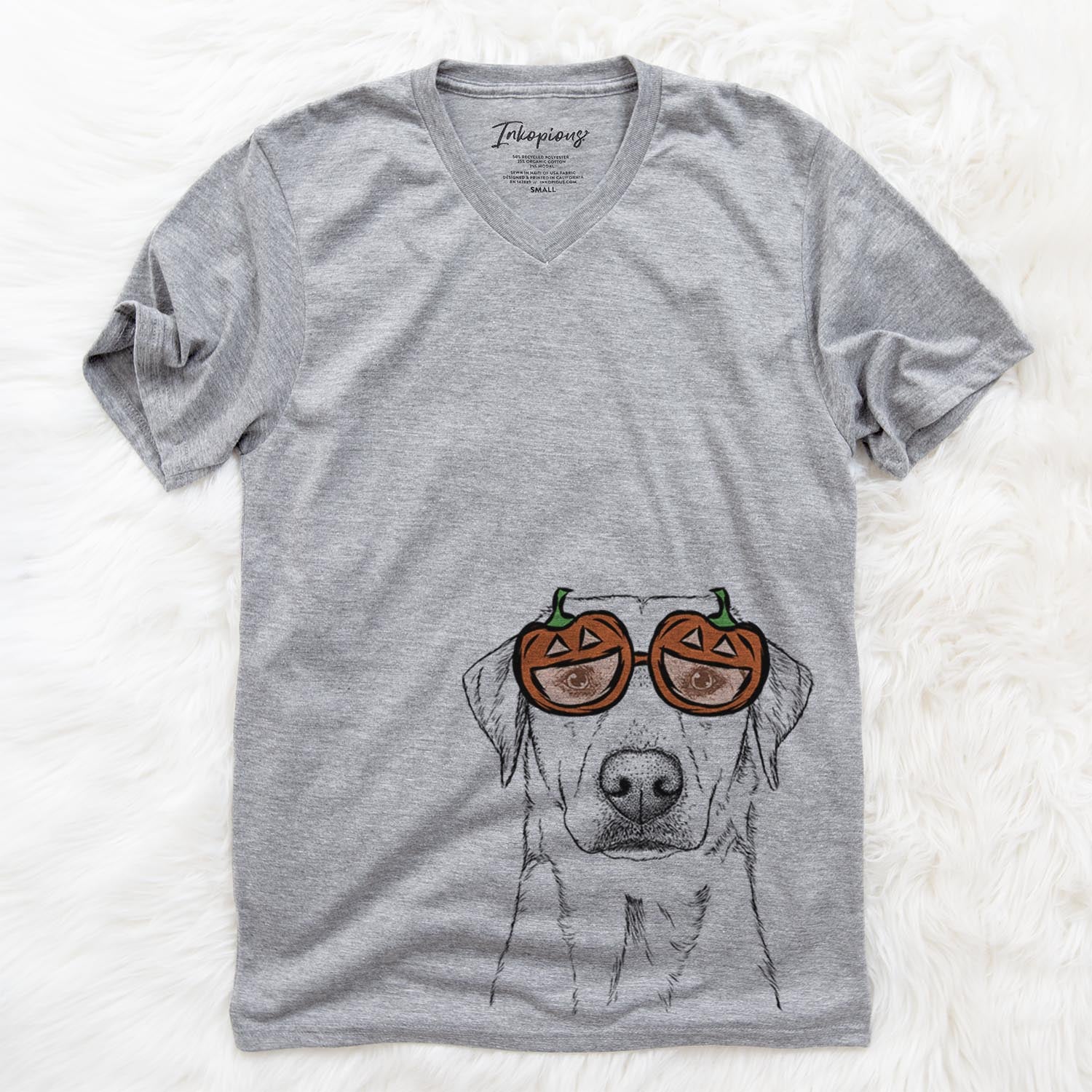 Hand-drawn sketch of Zoe the Yellow Lab wearing pumpkin glasses on a Grey pumpkin collection