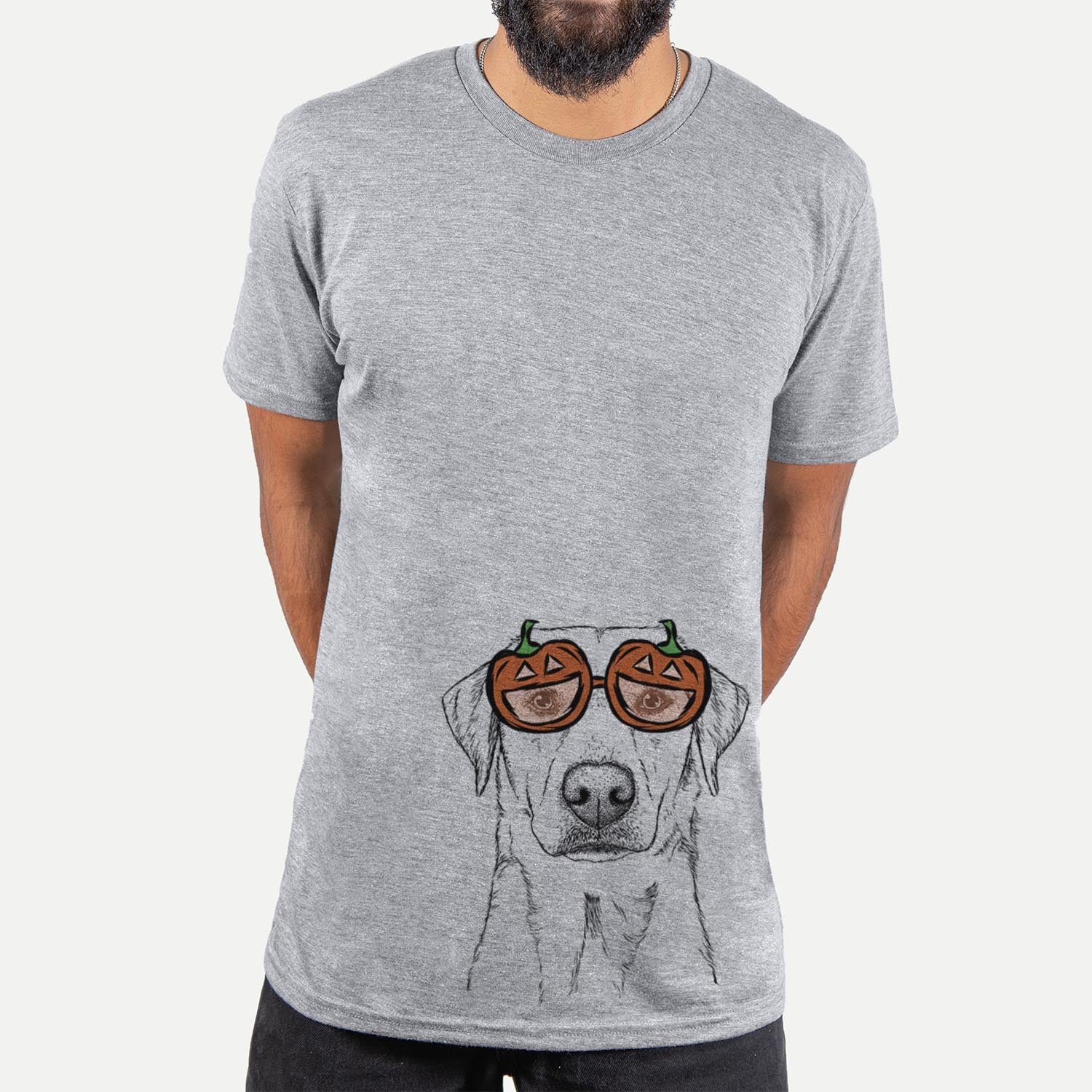 Hand-drawn sketch of Zoe the Yellow Lab wearing pumpkin glasses on a Grey pumpkin collection, hanging on a wall