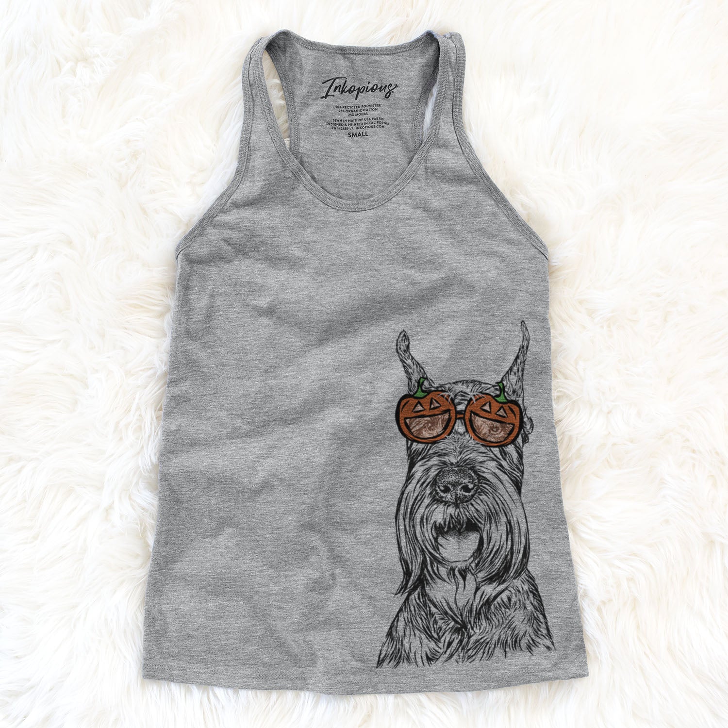 Hand-drawn sketch of Zuri the Giant Schnauzer wearing pumpkin glasses on a Grey pumpkin collection