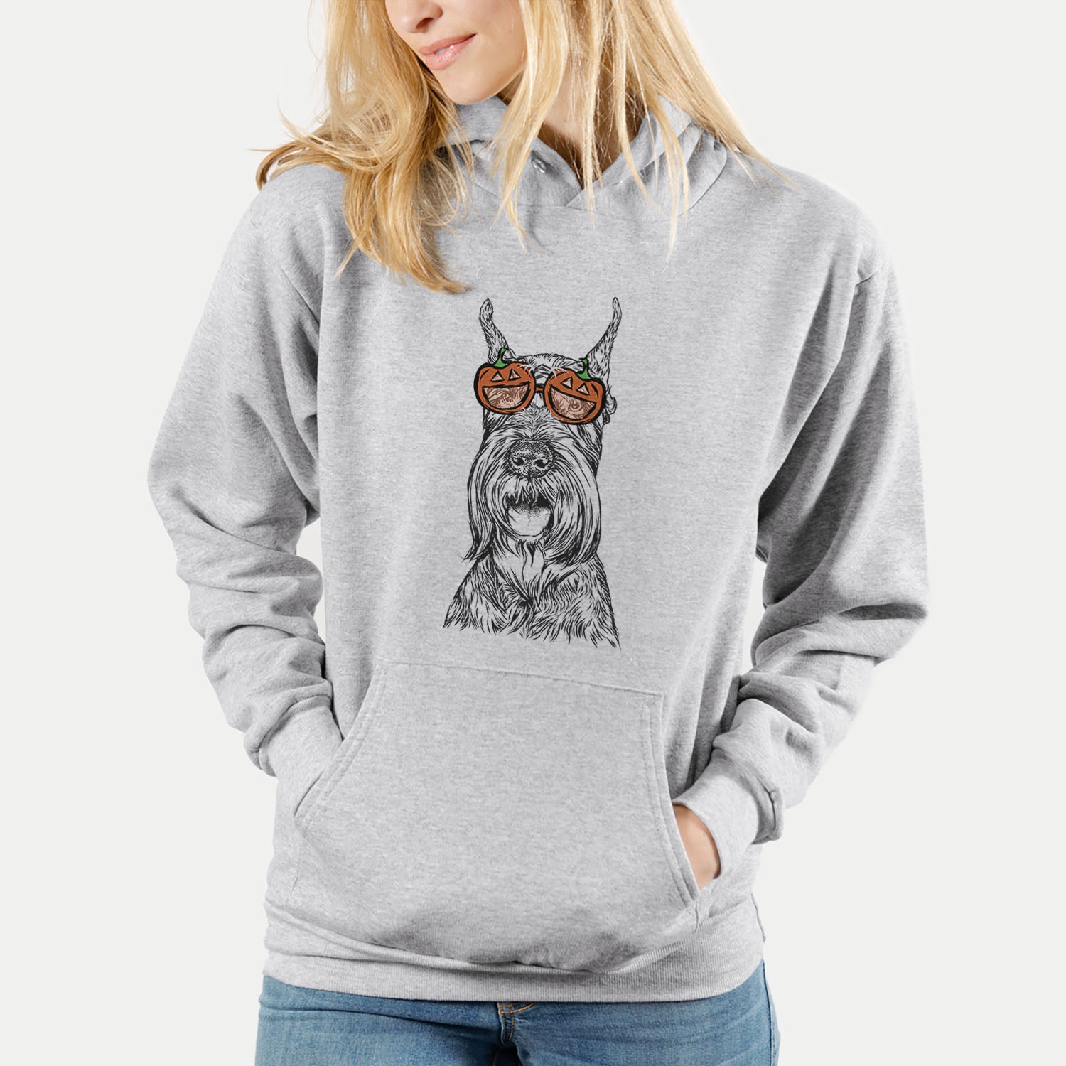 Hand-drawn sketch of Zuri the Giant Schnauzer wearing pumpkin glasses on a Grey pumpkin collection