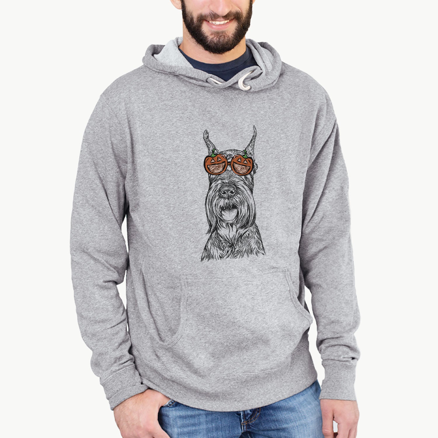 Hand-drawn sketch of Zuri the Giant Schnauzer wearing pumpkin glasses on a Grey pumpkin collection