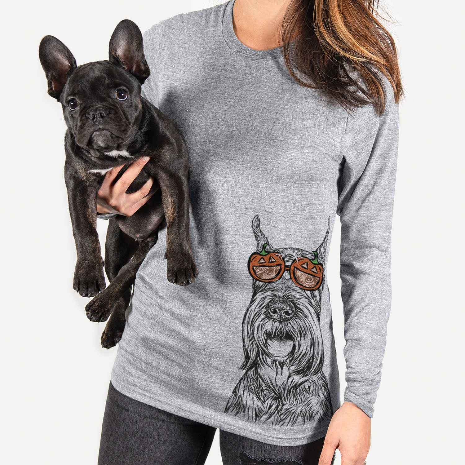 Hand-drawn sketch of Zuri the Giant Schnauzer wearing pumpkin glasses on a Grey pumpkin collection