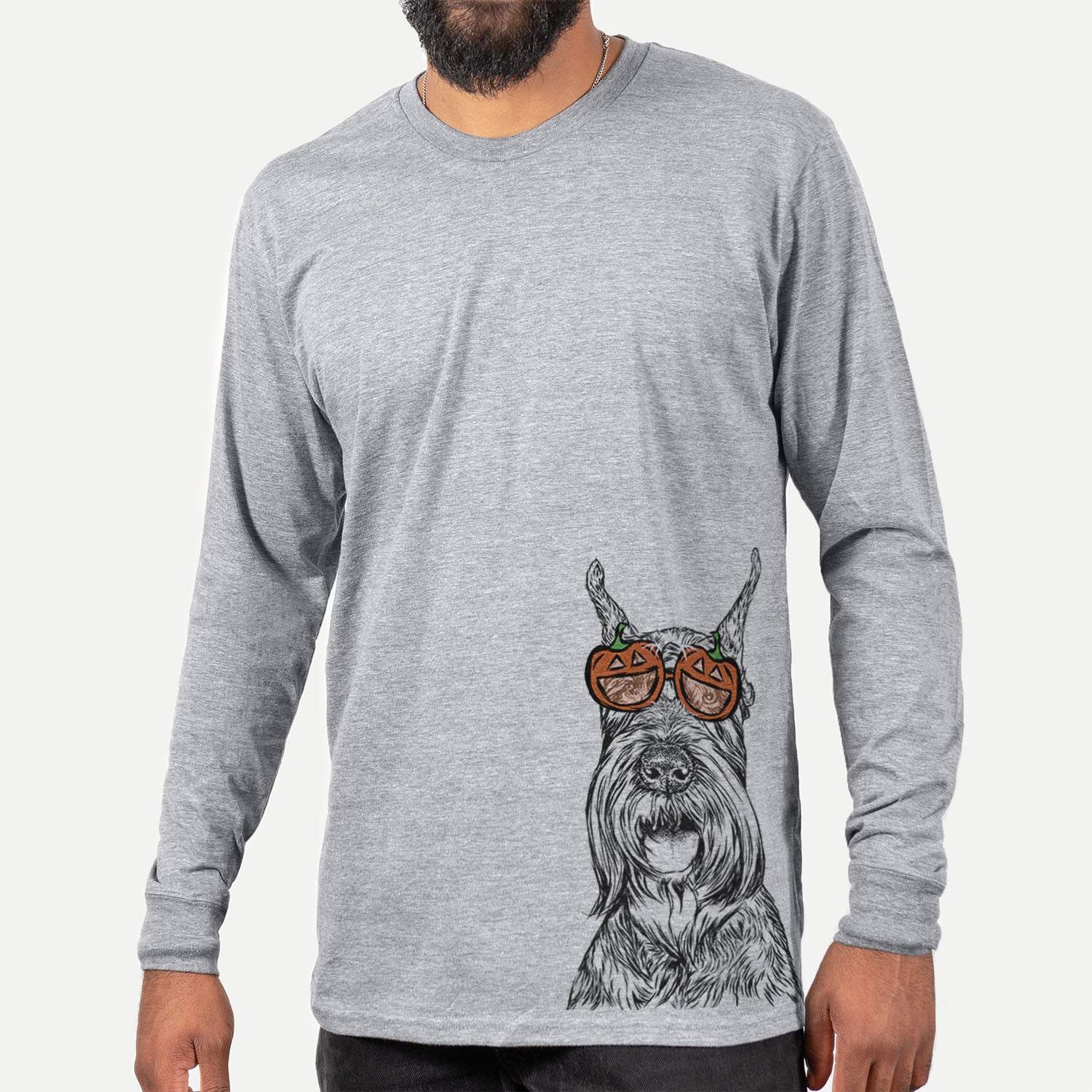 Hand-drawn sketch of Zuri the Giant Schnauzer wearing pumpkin glasses on a Grey pumpkin collection, hanging on a wall