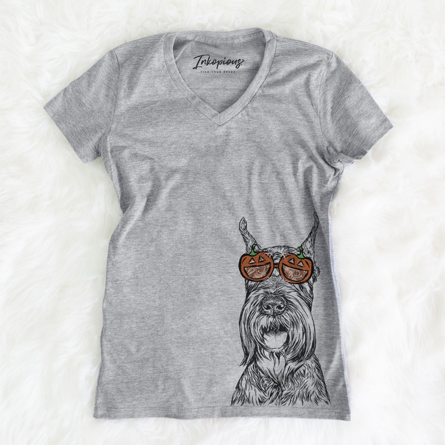 Hand-drawn sketch of Zuri the Giant Schnauzer wearing pumpkin glasses on a Grey pumpkin collection, on a hanger