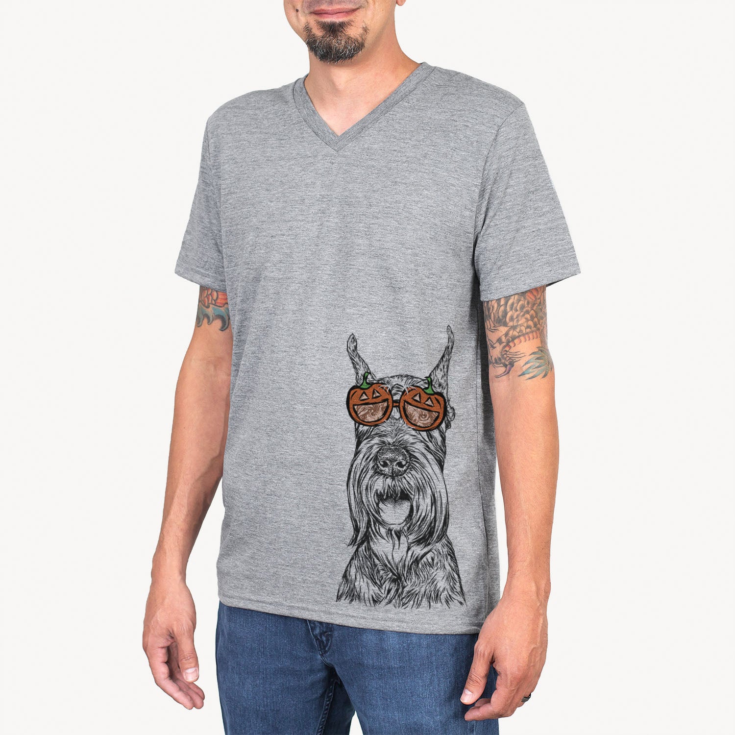 Hand-drawn sketch of Zuri the Giant Schnauzer wearing pumpkin glasses on a Grey pumpkin collection