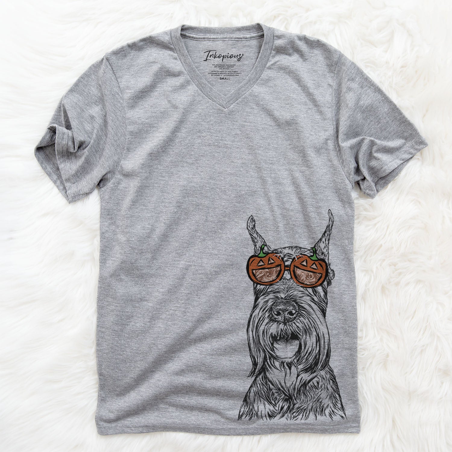 Hand-drawn sketch of Zuri the Giant Schnauzer wearing pumpkin glasses on a Grey pumpkin collection