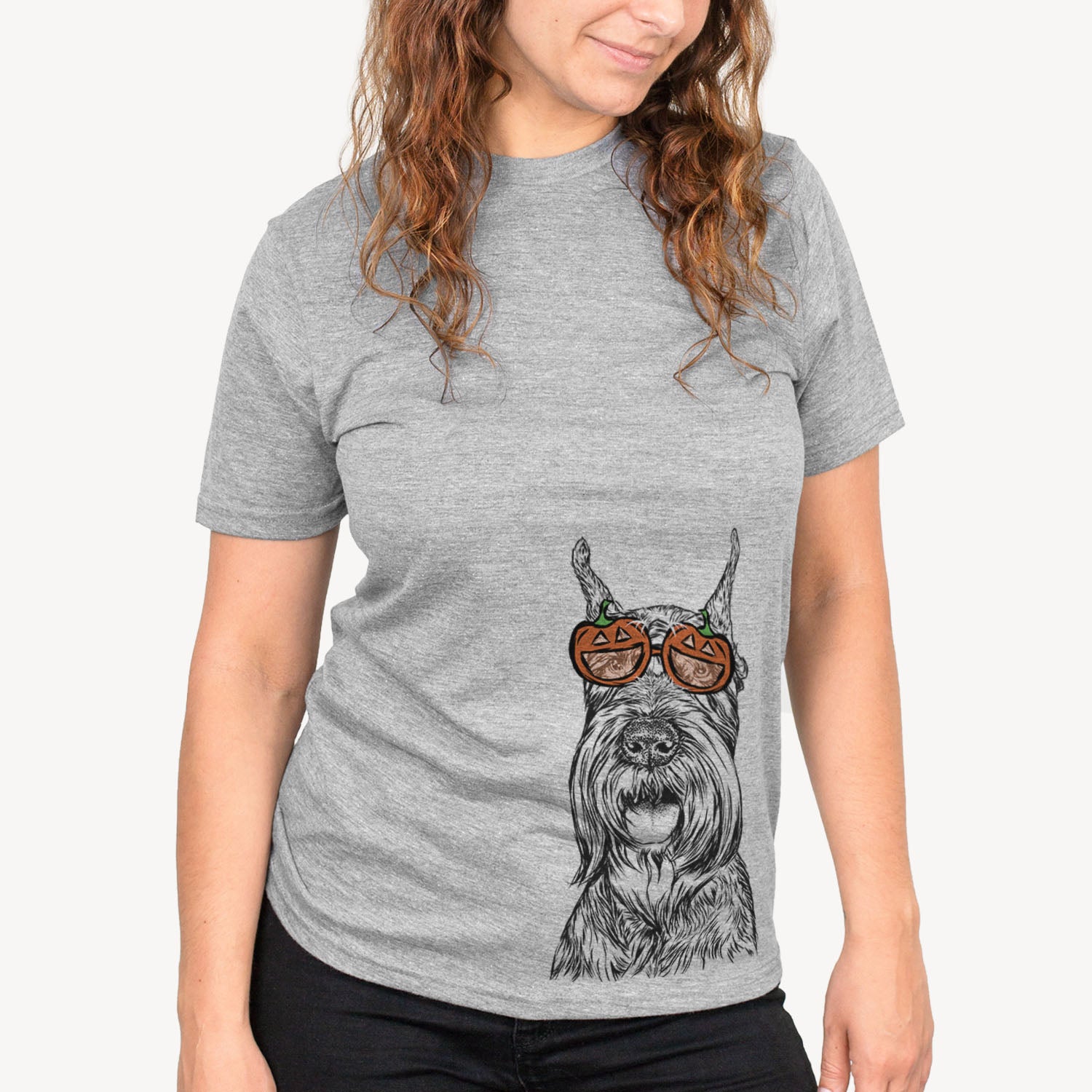Hand-drawn sketch of Zuri the Giant Schnauzer wearing pumpkin glasses on a Grey pumpkin collection, on a hanger