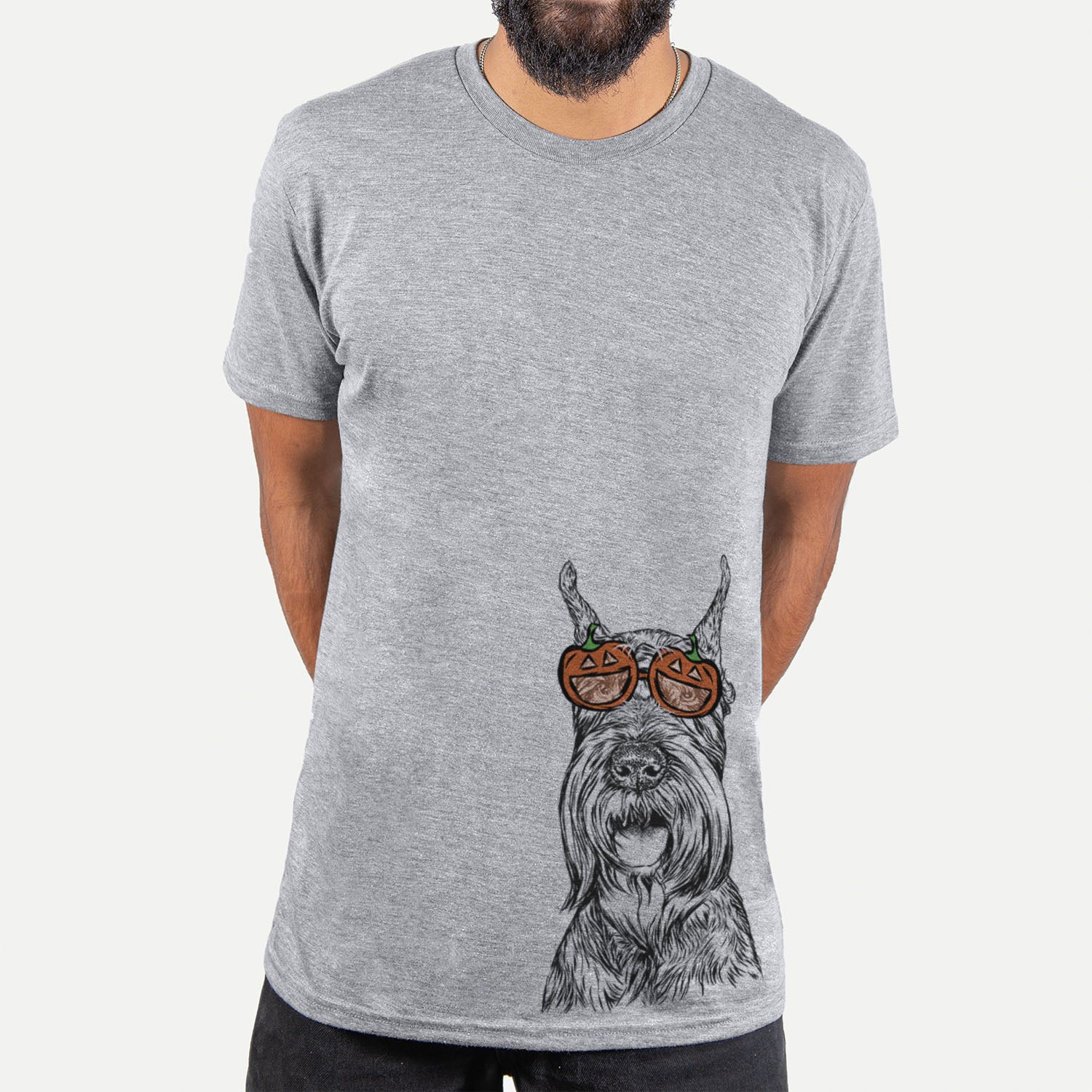 Hand-drawn sketch of Zuri the Giant Schnauzer wearing pumpkin glasses on a Grey pumpkin collection, hanging on a wall