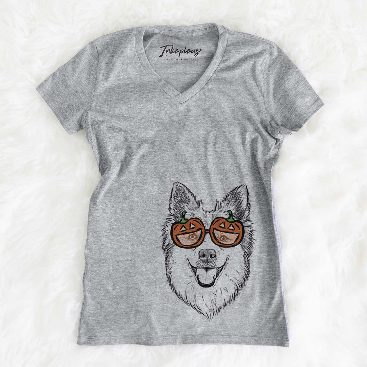 Hand-drawn sketch of Ari the Icelandic Sheepdog wearing pumpkin glasses on a Grey pumpkin collection