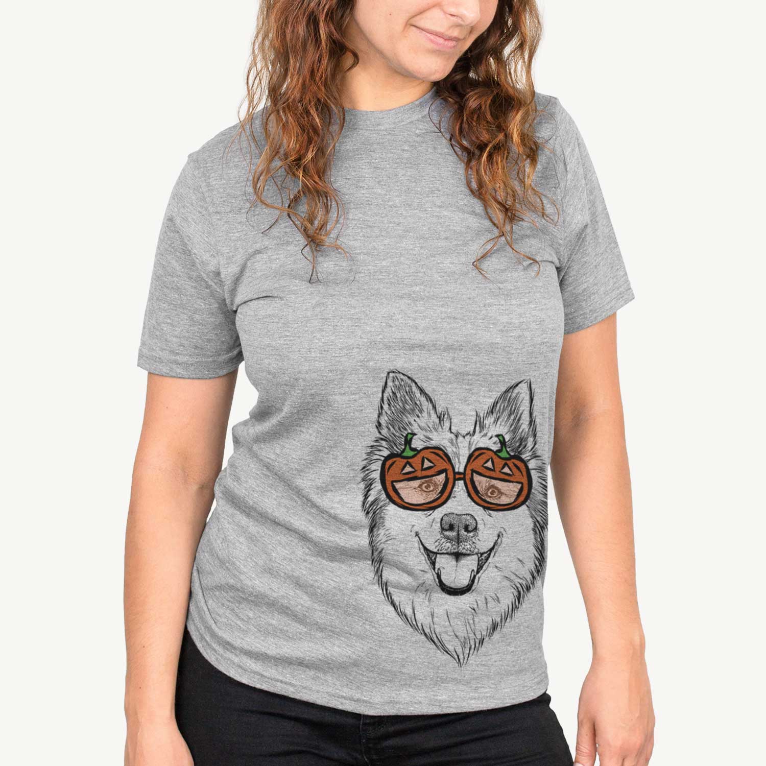 Hand-drawn sketch of Ari the Icelandic Sheepdog wearing pumpkin glasses on a Grey pumpkin collection