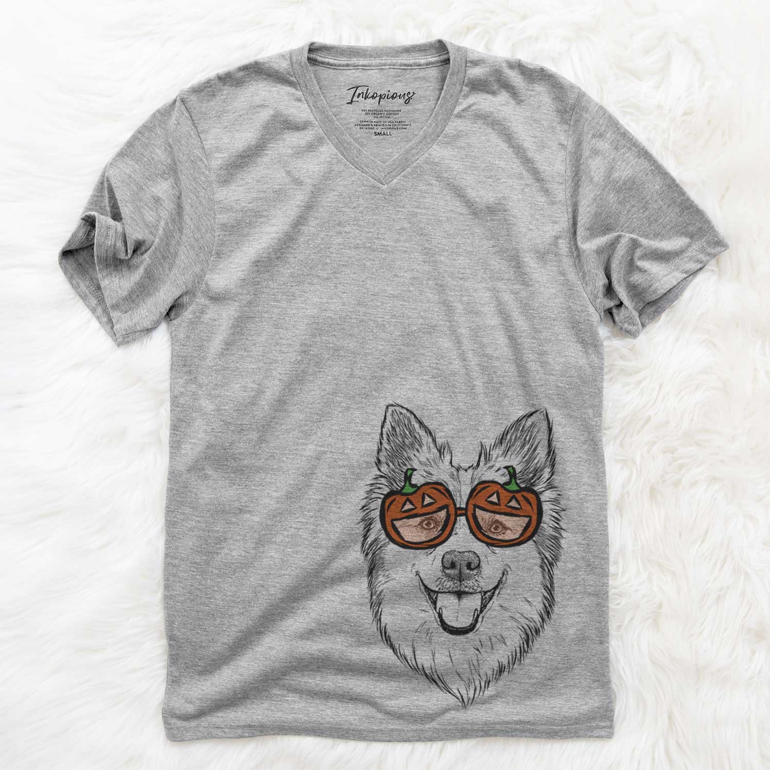 Hand-drawn sketch of Ari the Icelandic Sheepdog wearing pumpkin glasses on a Grey pumpkin collection