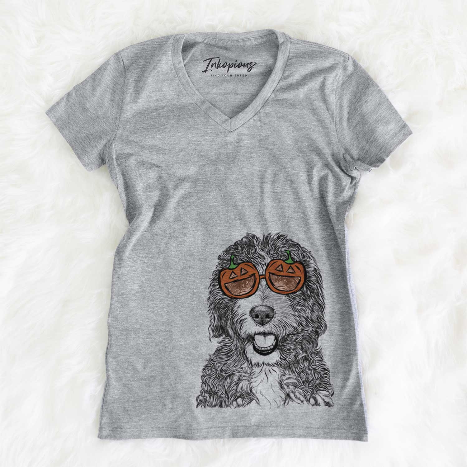 Hand-drawn sketch of Bash the Bernedoodle wearing pumpkin glasses on a Grey pumpkin collection