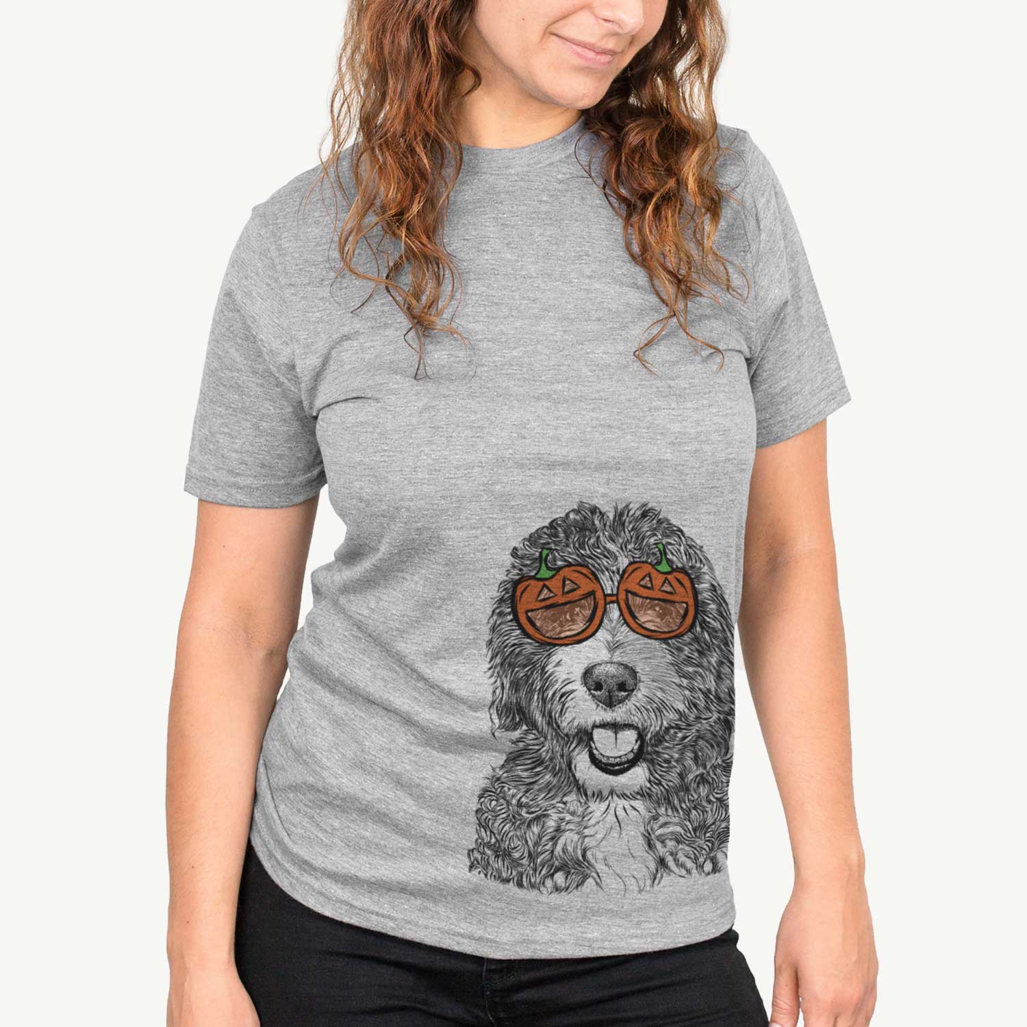 Hand-drawn sketch of Bash the Bernedoodle wearing pumpkin glasses on a Grey pumpkin collection