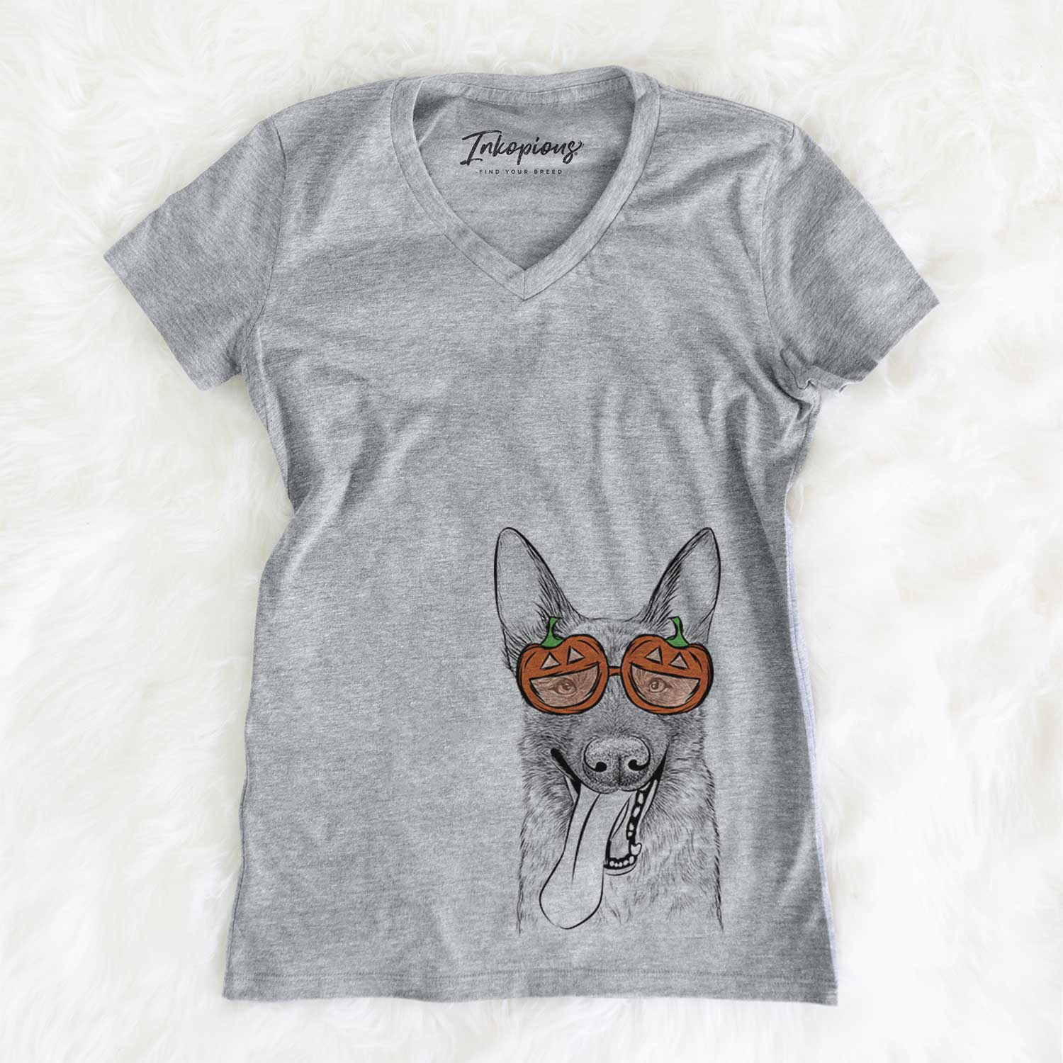 Hand-drawn sketch of Bessa the Dutch Shepherd wearing pumpkin glasses on a Grey pumpkin collection