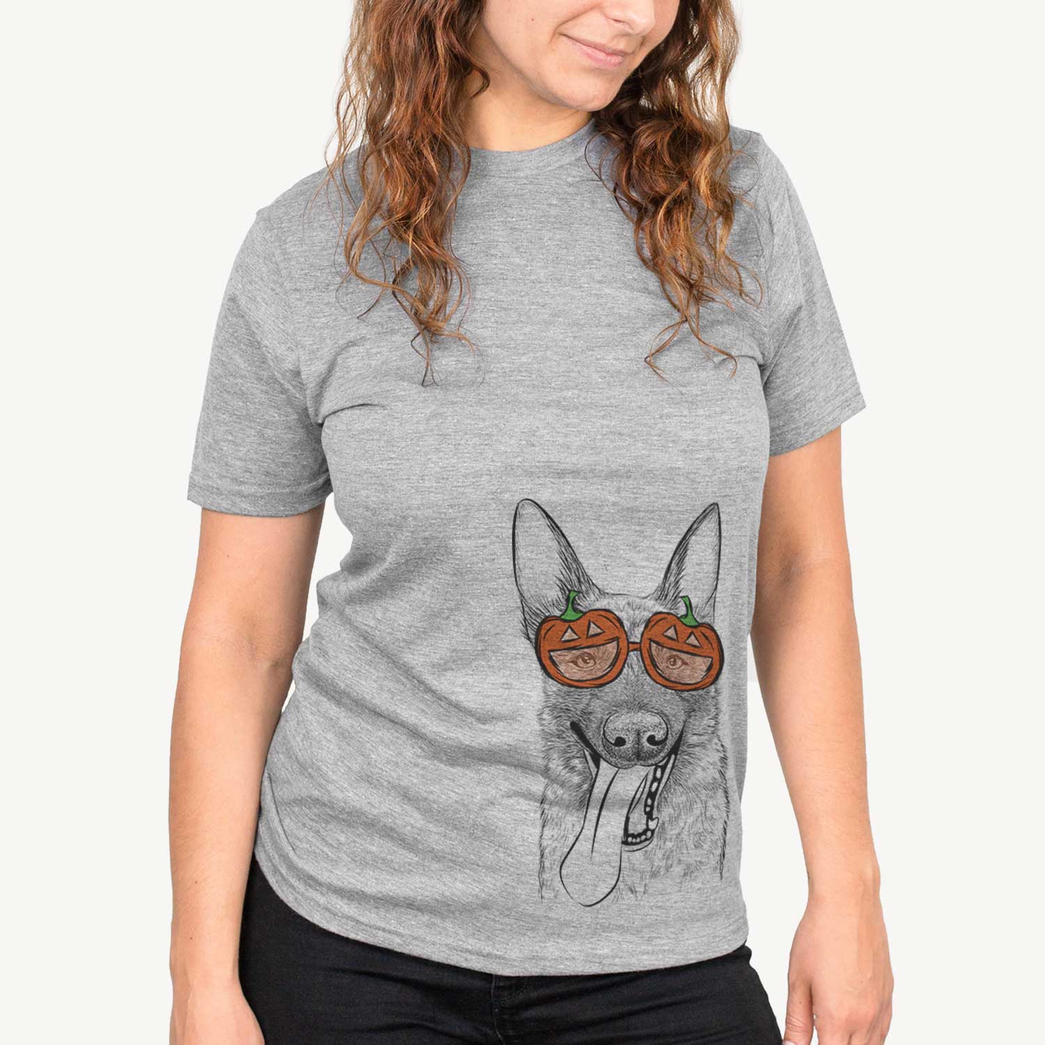Hand-drawn sketch of Bessa the Dutch Shepherd wearing pumpkin glasses on a Grey pumpkin collection