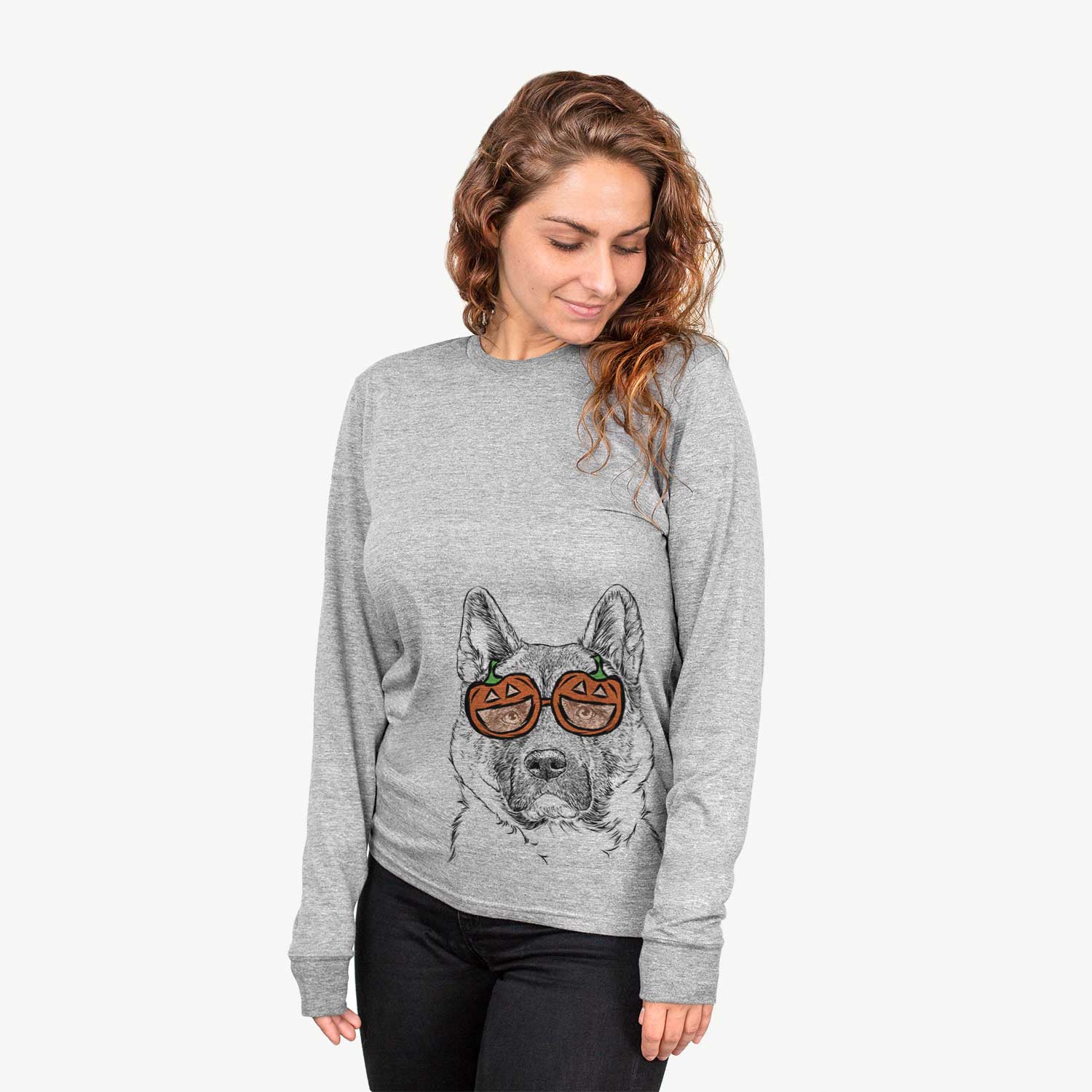 Hand-drawn sketch of Bo the American Akita wearing pumpkin glasses on a Grey pumpkin collection