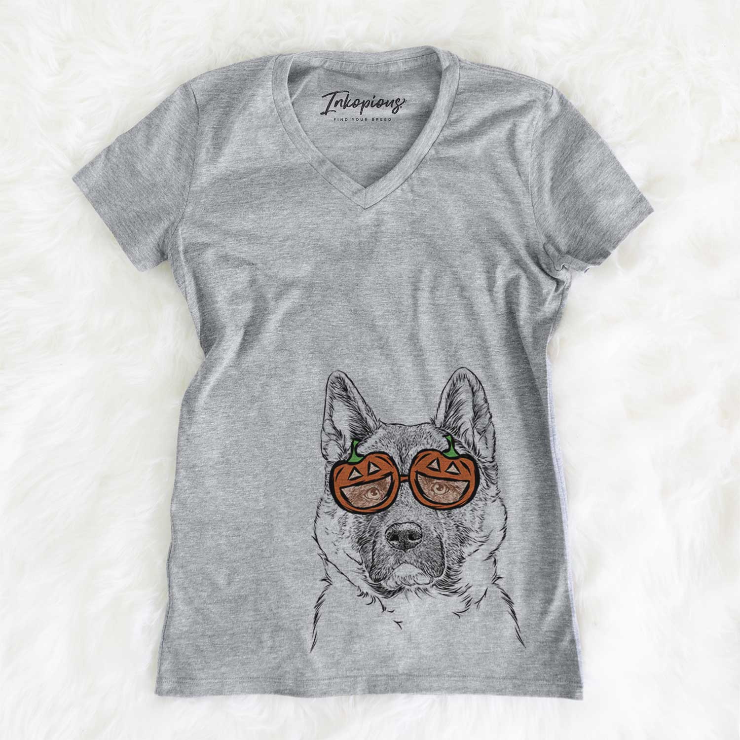 Hand-drawn sketch of Bo the American Akita wearing pumpkin glasses on a Grey pumpkin collection