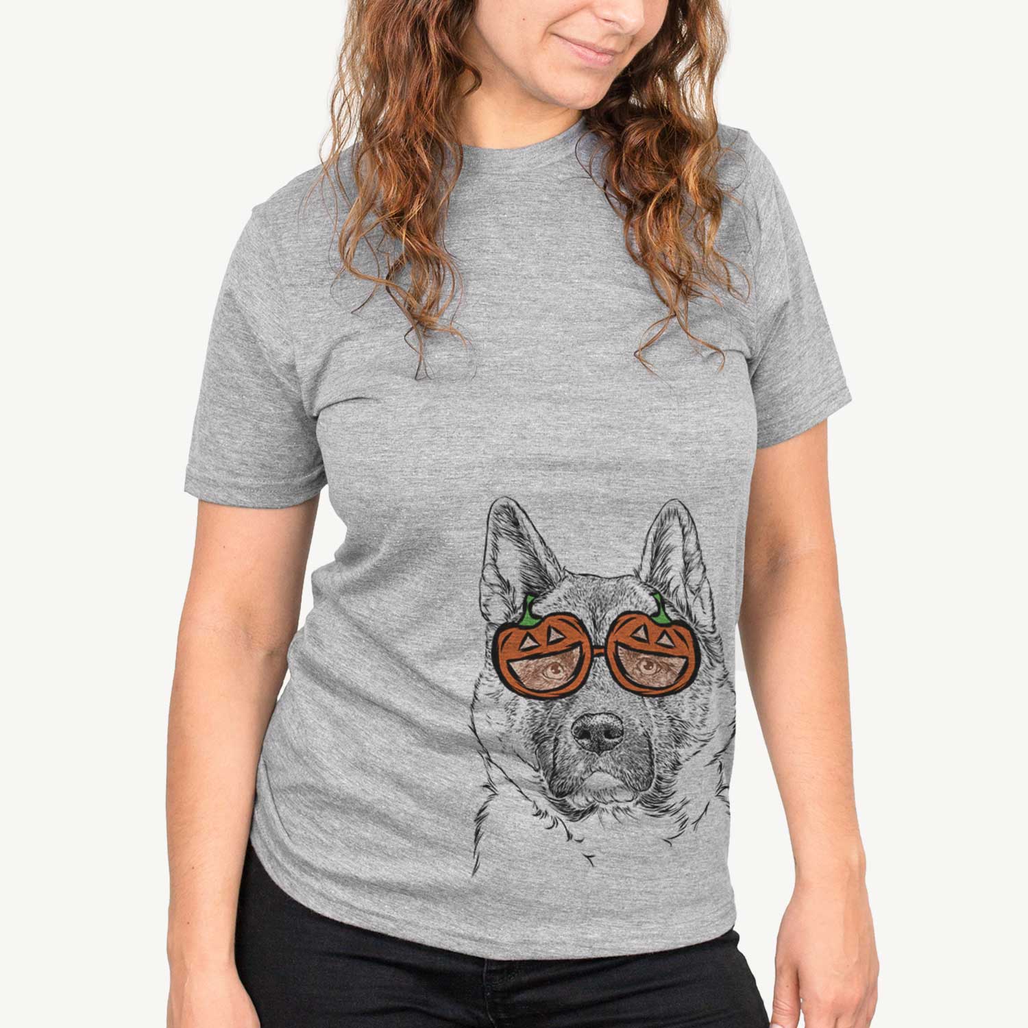 Hand-drawn sketch of Bo the American Akita wearing pumpkin glasses on a Grey pumpkin collection