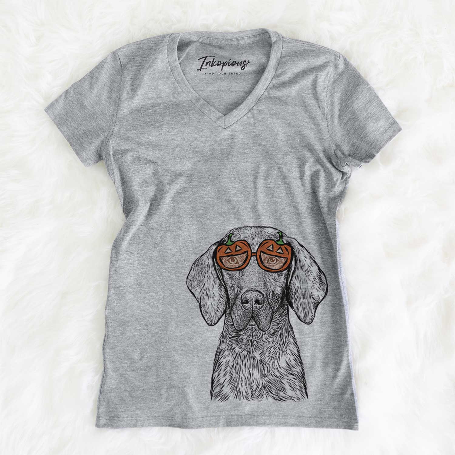 Hand-drawn sketch of Boone the Plott Hound wearing pumpkin glasses on a Grey pumpkin collection