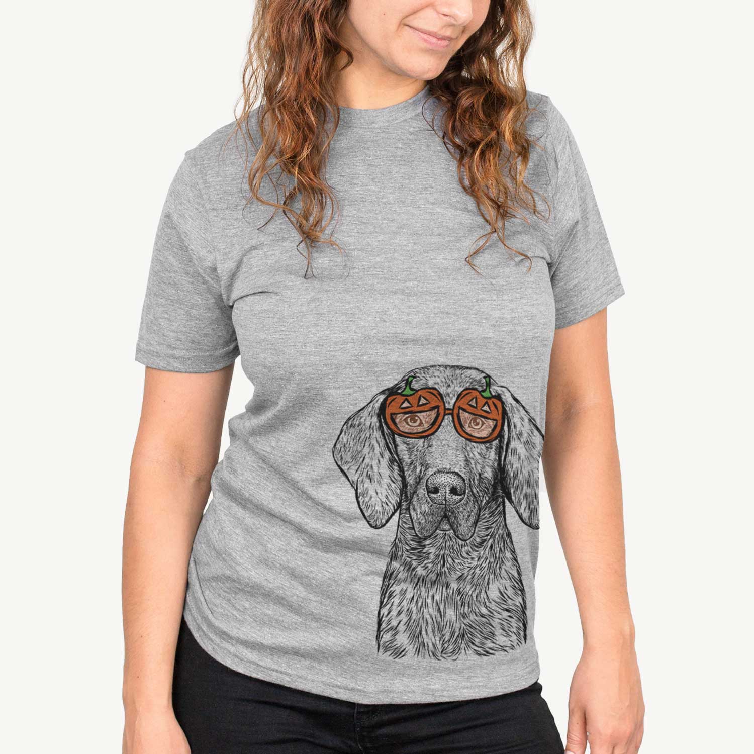 Hand-drawn sketch of Boone the Plott Hound wearing pumpkin glasses on a Grey pumpkin collection