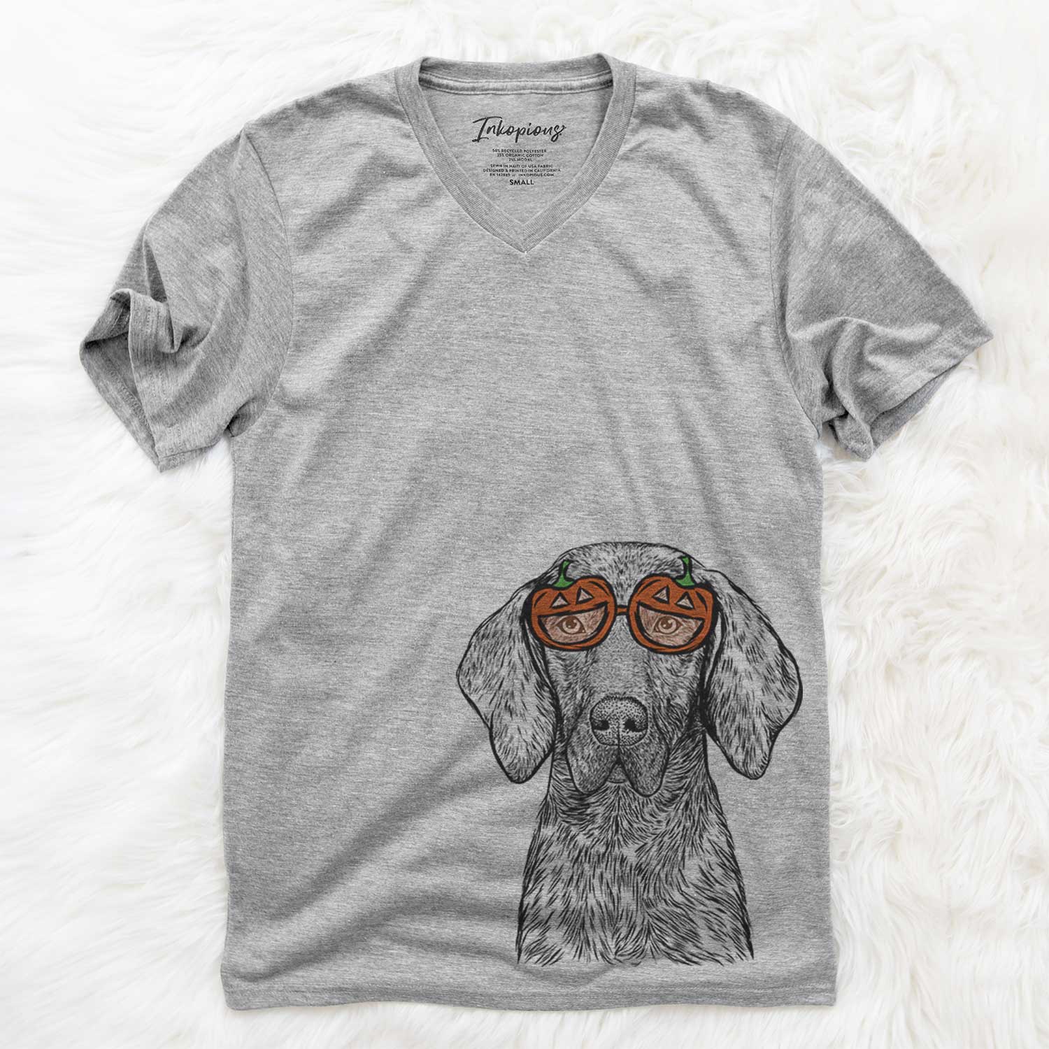 Hand-drawn sketch of Boone the Plott Hound wearing pumpkin glasses on a Grey pumpkin collection