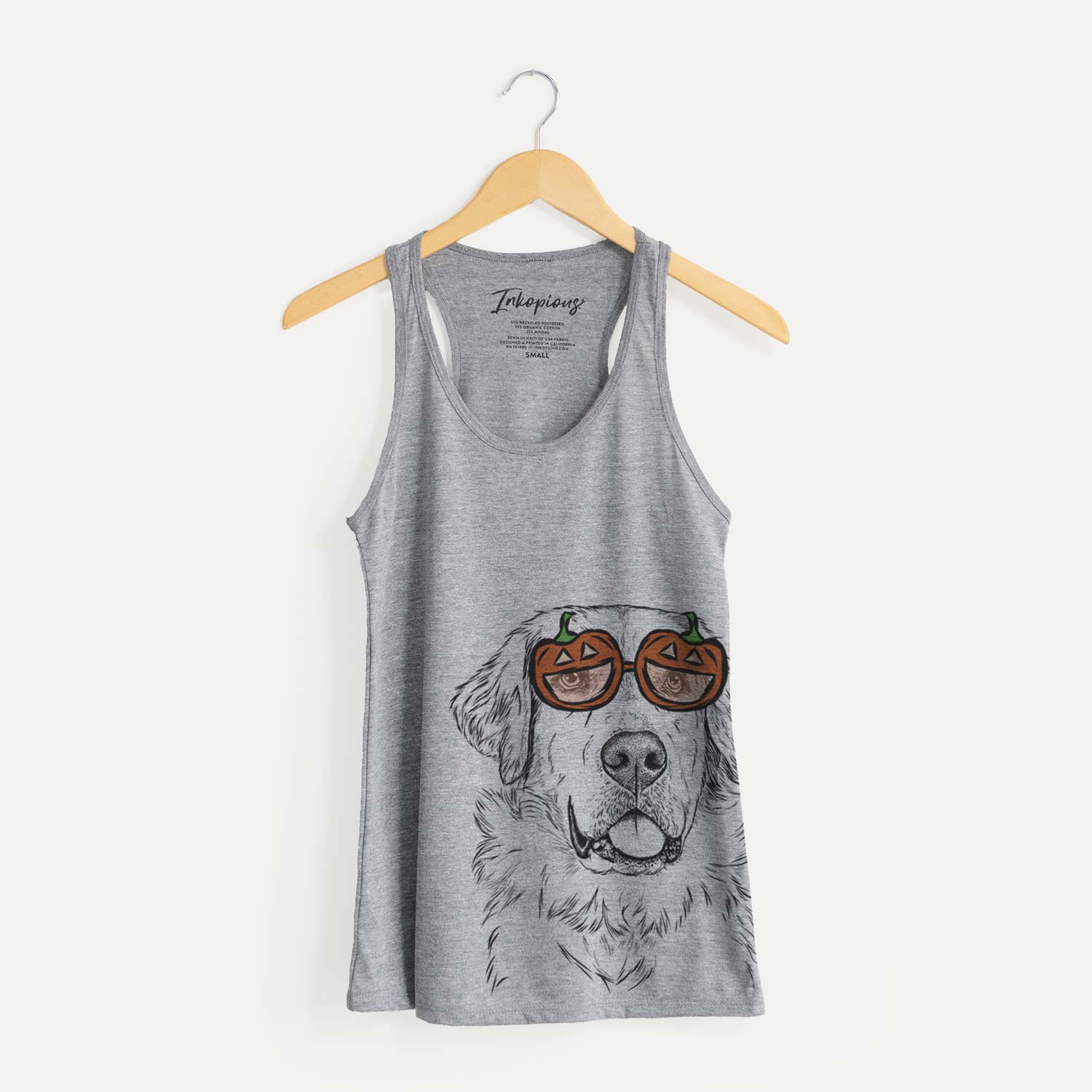 Hand-drawn sketch of Brophy the Great Pyrenees wearing pumpkin glasses on a Grey pumpkin collection