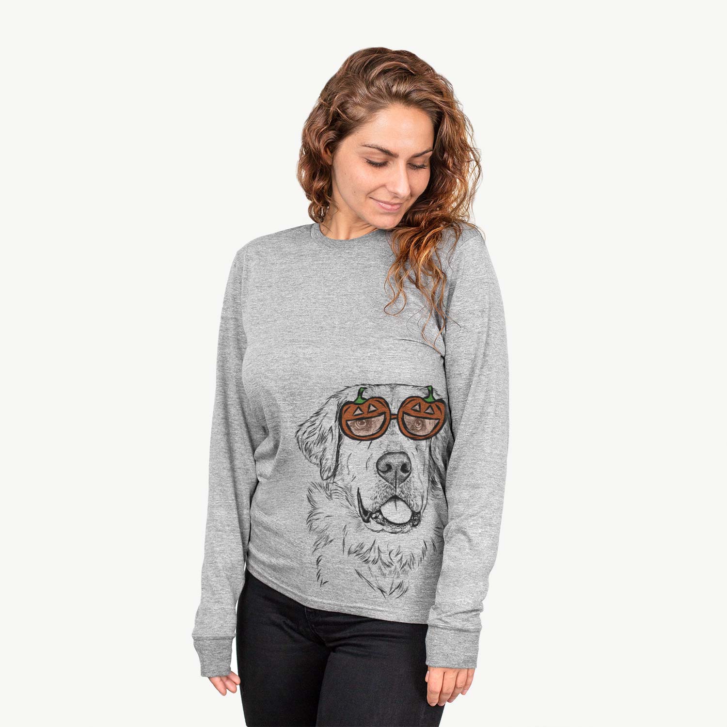 Hand-drawn sketch of Brophy the Great Pyrenees wearing pumpkin glasses on a Grey pumpkin collection