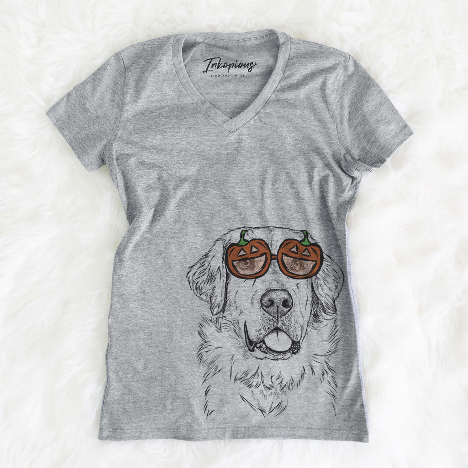 Hand-drawn sketch of Brophy the Great Pyrenees wearing pumpkin glasses on a Grey pumpkin collection