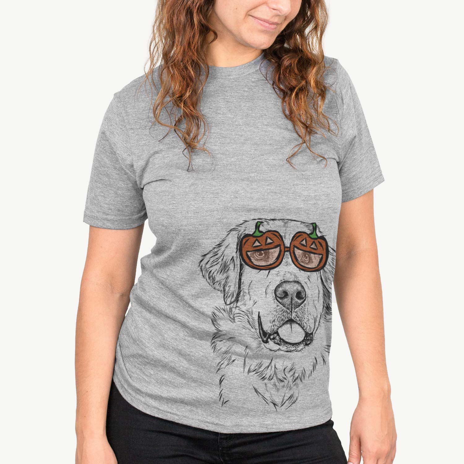 Hand-drawn sketch of Brophy the Great Pyrenees wearing pumpkin glasses on a Grey pumpkin collection