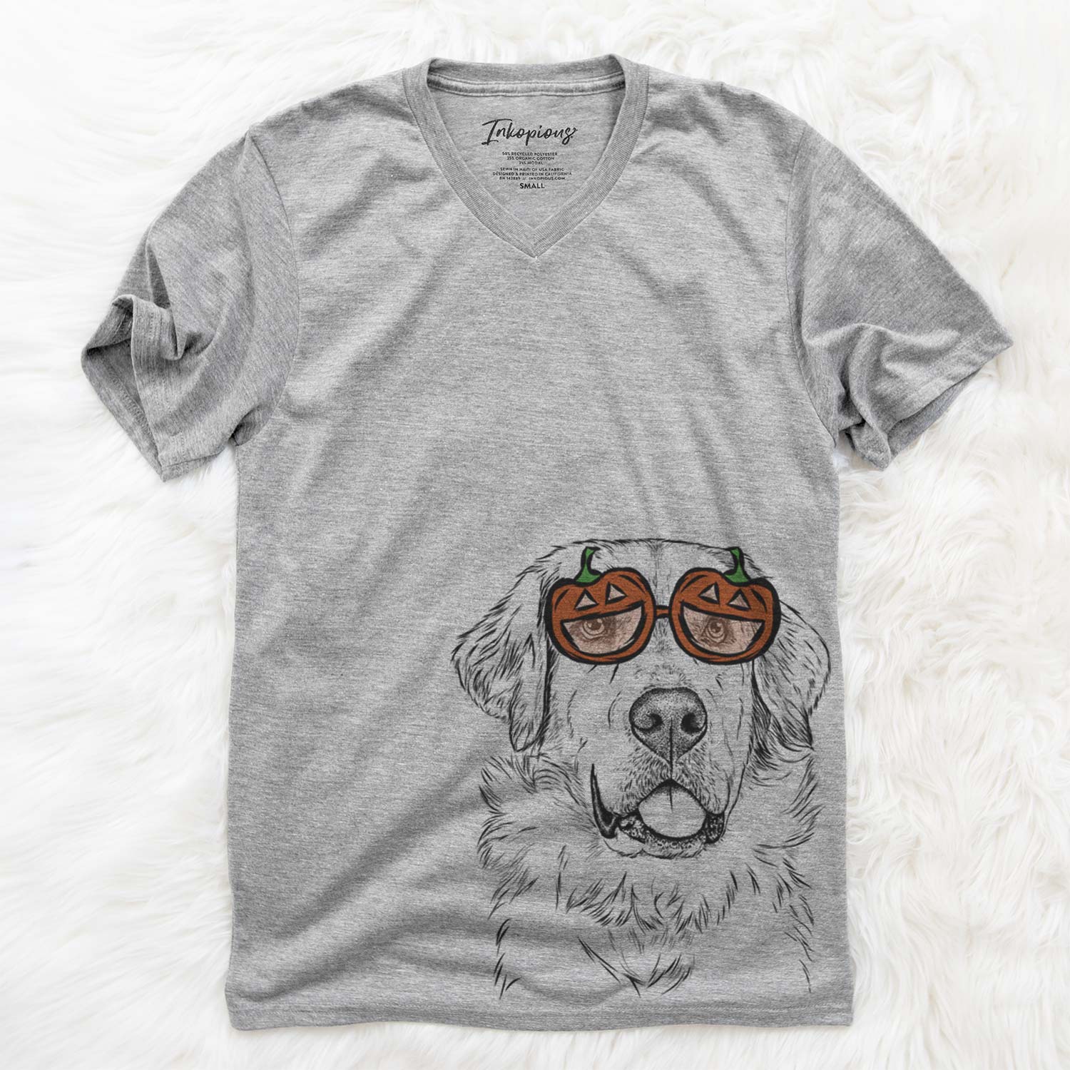 Hand-drawn sketch of Brophy the Great Pyrenees wearing pumpkin glasses on a Grey pumpkin collection