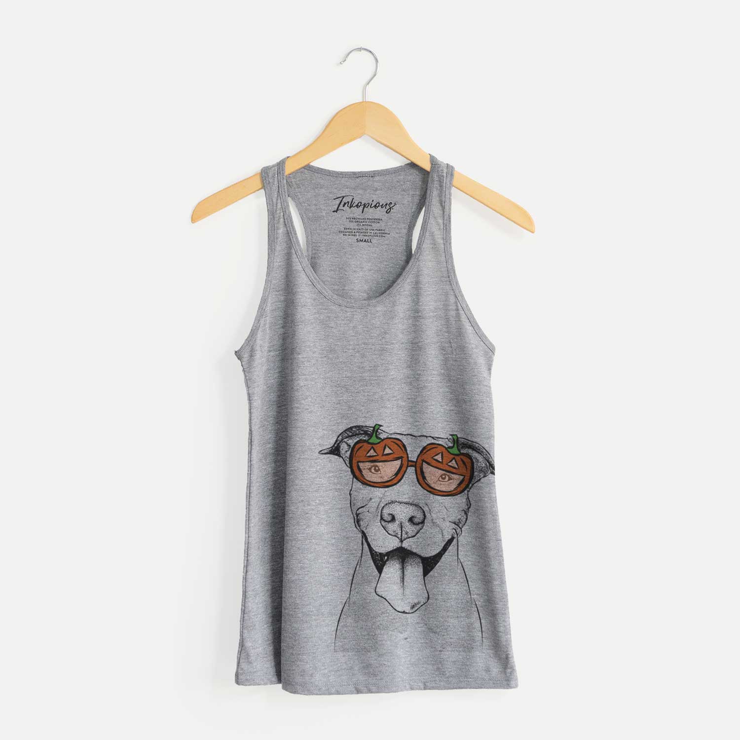 Hand-drawn sketch of Bruce the American Staffordshire Terrier wearing pumpkin glasses on a Grey pumpkin collection