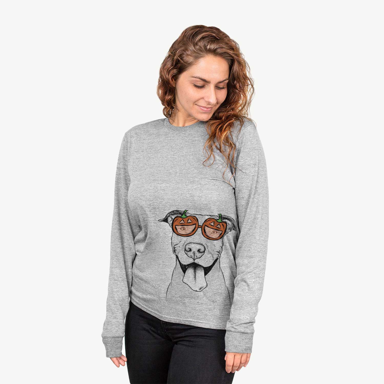 Hand-drawn sketch of Bruce the American Staffordshire Terrier wearing pumpkin glasses on a Grey pumpkin collection