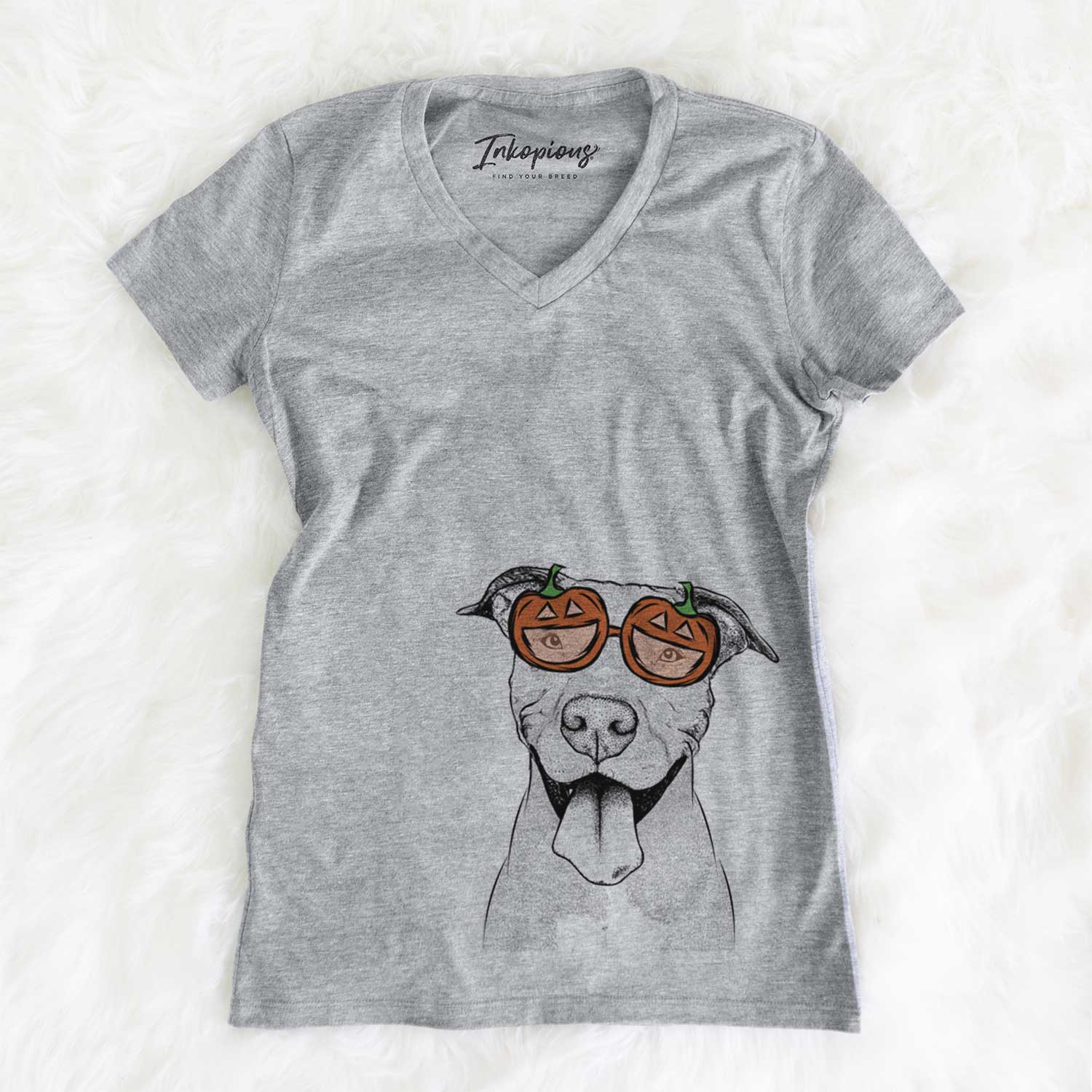 Hand-drawn sketch of Bruce the American Staffordshire Terrier wearing pumpkin glasses on a Grey pumpkin collection