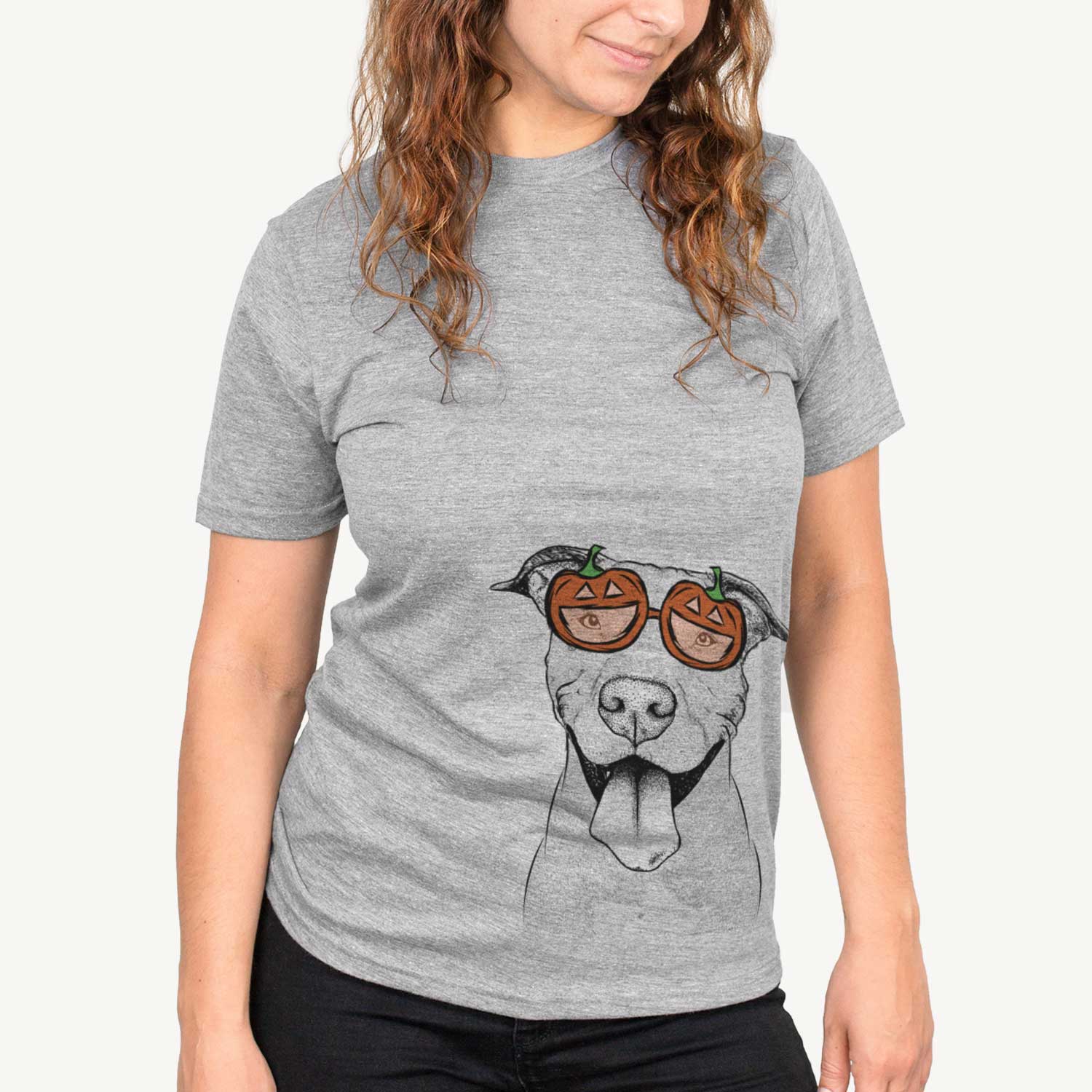 Hand-drawn sketch of Bruce the American Staffordshire Terrier wearing pumpkin glasses on a Grey pumpkin collection