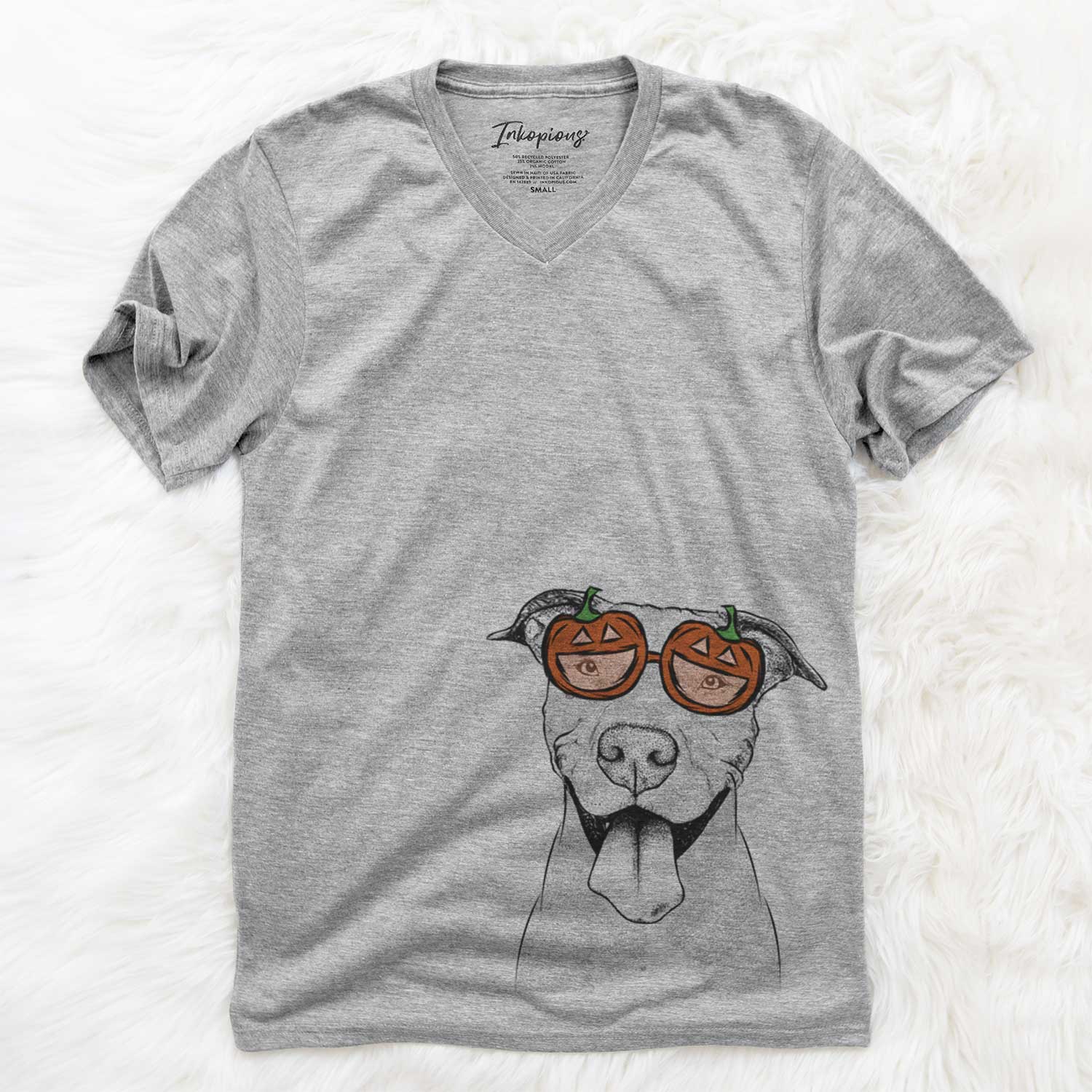 Hand-drawn sketch of Bruce the American Staffordshire Terrier wearing pumpkin glasses on a Grey pumpkin collection