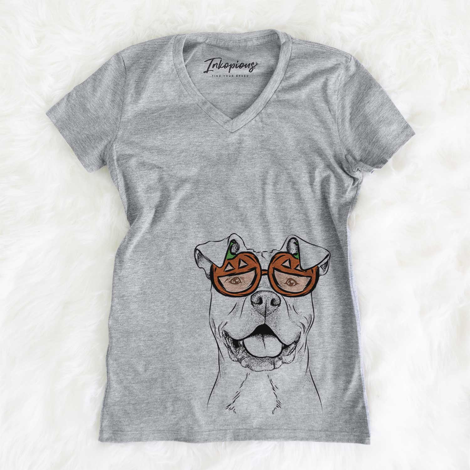 Hand-drawn sketch of Bubba Scraps the AmStaff Mix wearing pumpkin glasses on a Grey pumpkin collection