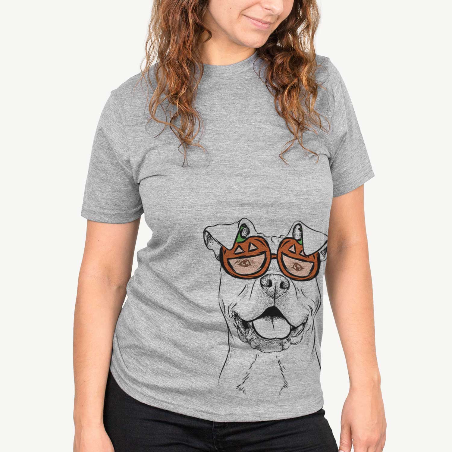 Hand-drawn sketch of Bubba Scraps the AmStaff Mix wearing pumpkin glasses on a Grey pumpkin collection