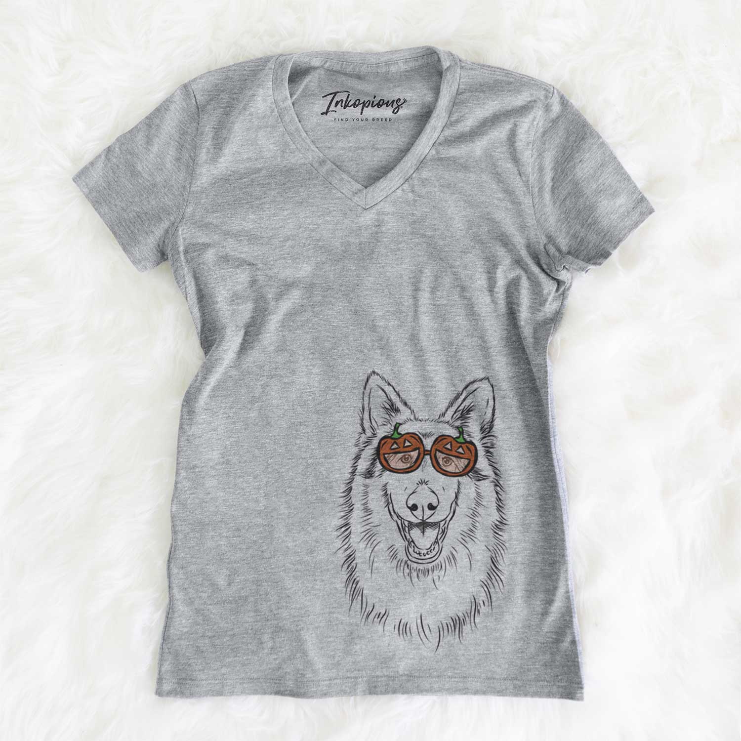 Hand-drawn sketch of Cannon the Rough Collie wearing pumpkin glasses on a Grey pumpkin collection