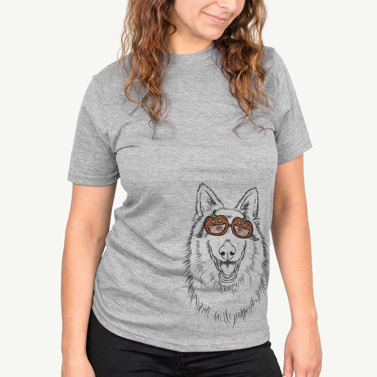 Hand-drawn sketch of Cannon the Rough Collie wearing pumpkin glasses on a Grey pumpkin collection