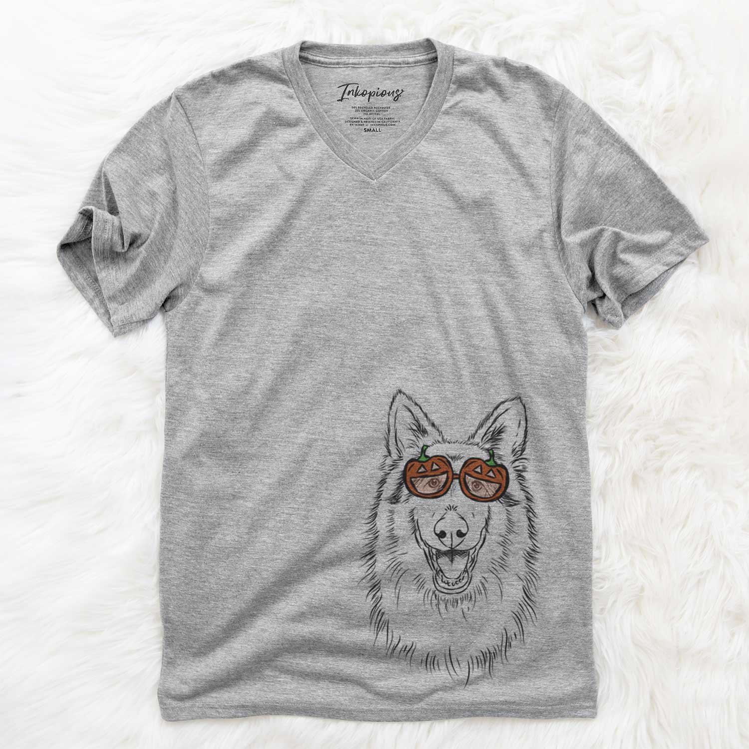 Hand-drawn sketch of Cannon the Rough Collie wearing pumpkin glasses on a Grey pumpkin collection