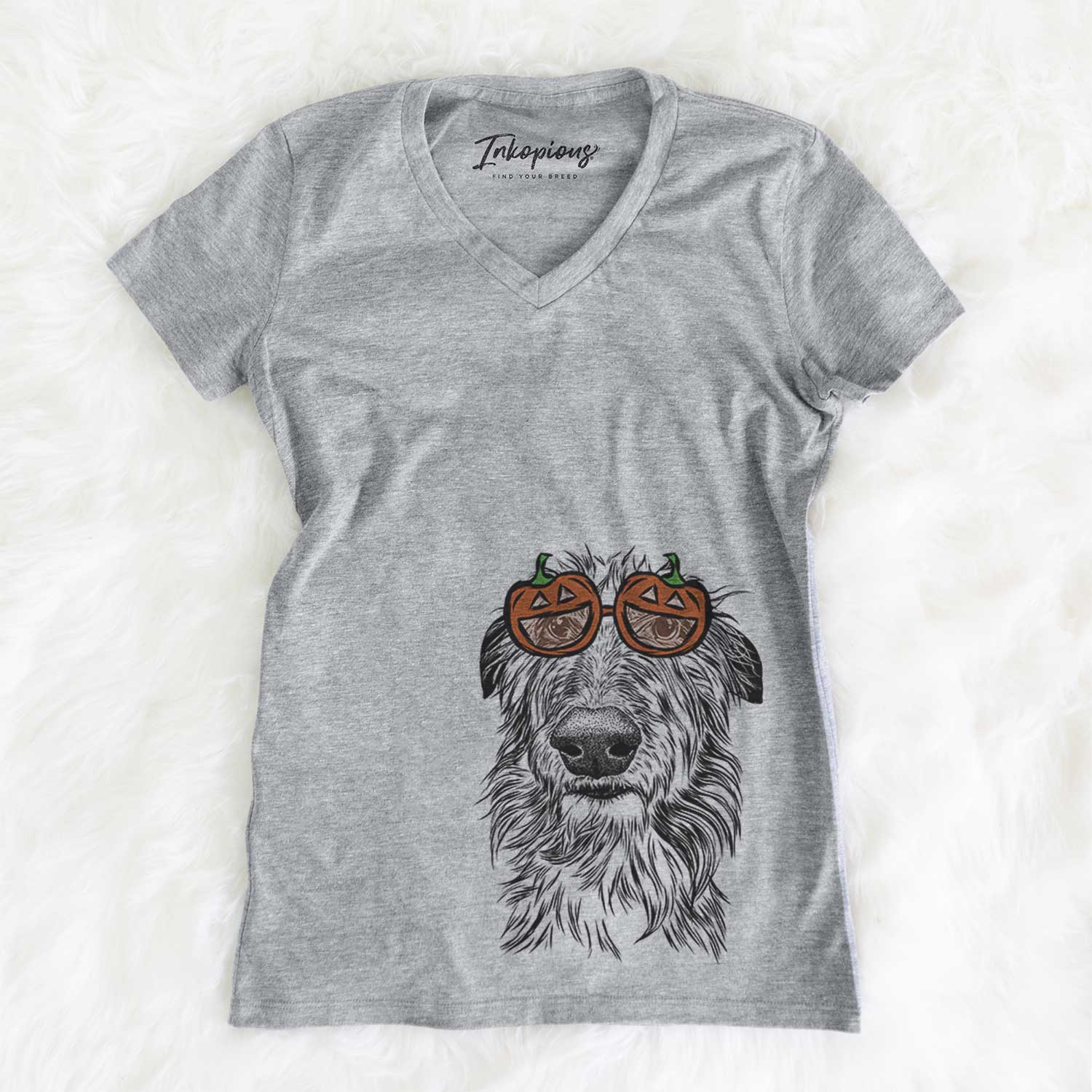 Hand-drawn sketch of Cleod the Scottish Deerhound wearing pumpkin glasses on a Grey pumpkin collection