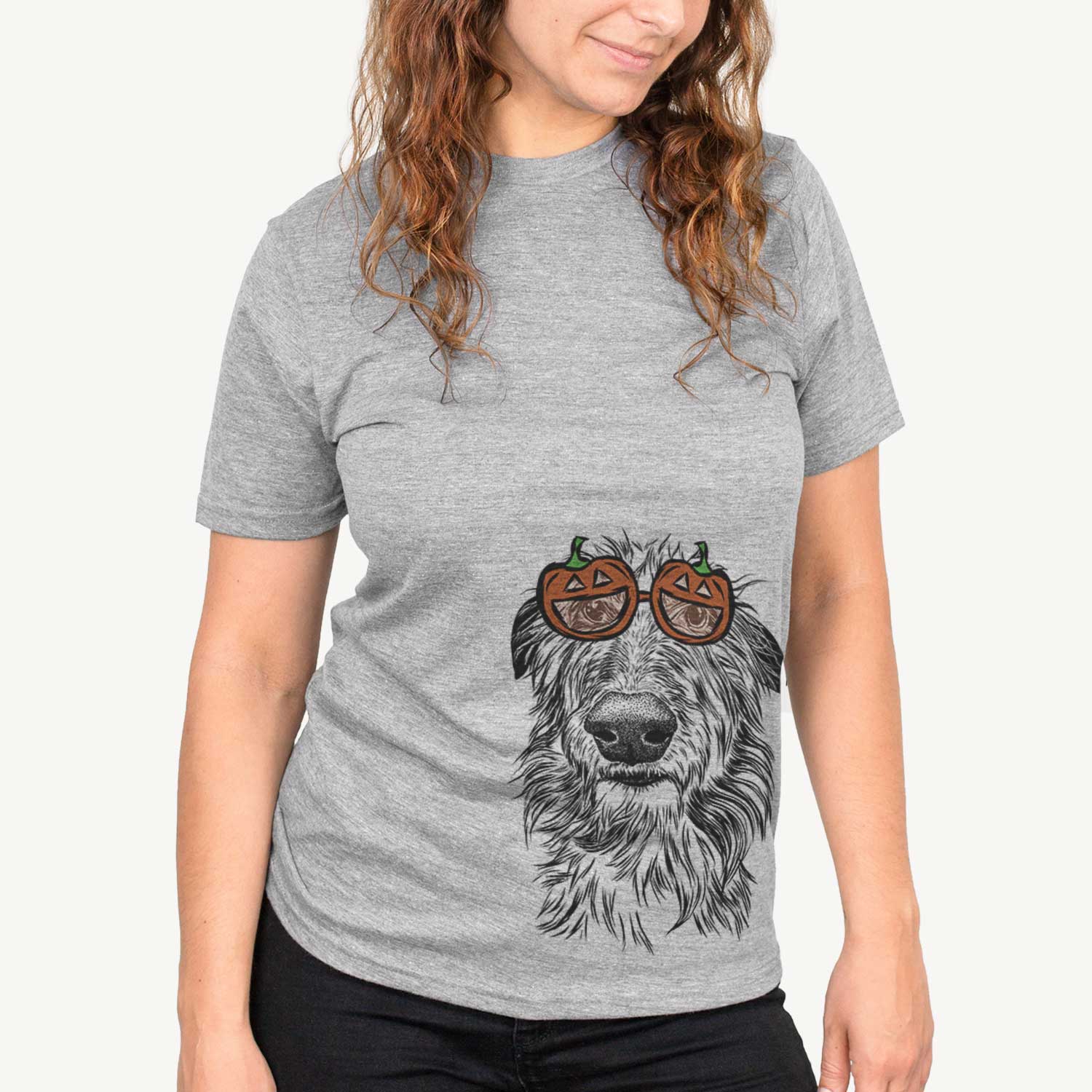 Hand-drawn sketch of Cleod the Scottish Deerhound wearing pumpkin glasses on a Grey pumpkin collection