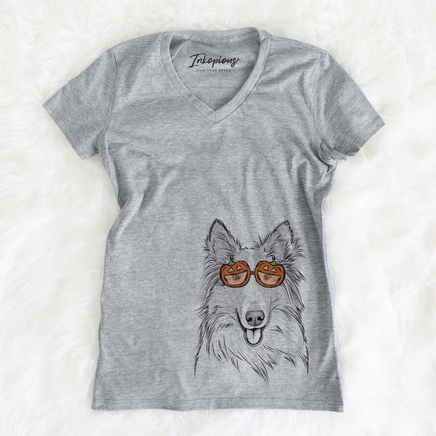 Hand-drawn sketch of Conrad the Rough Collie wearing pumpkin glasses on a Grey pumpkin collection