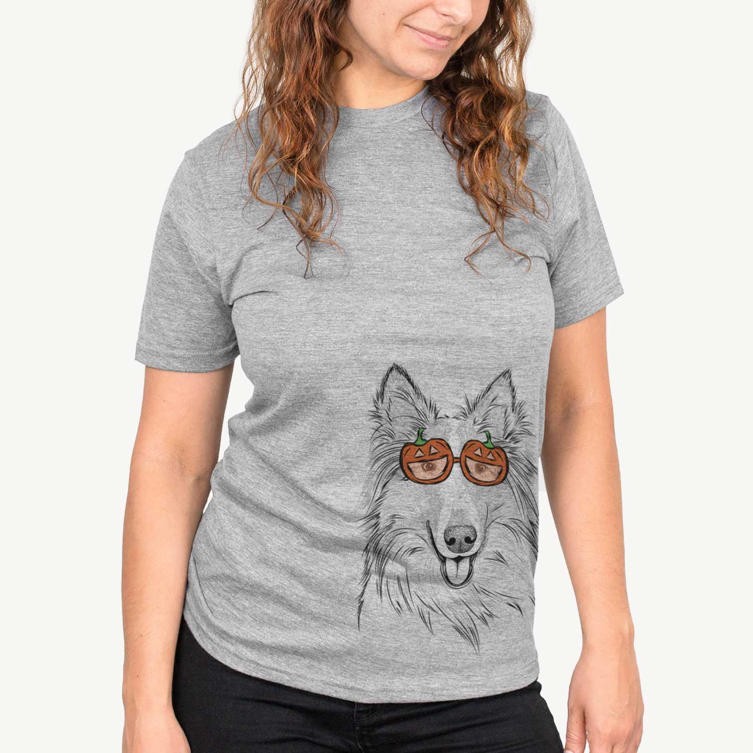 Hand-drawn sketch of Conrad the Rough Collie wearing pumpkin glasses on a Grey pumpkin collection