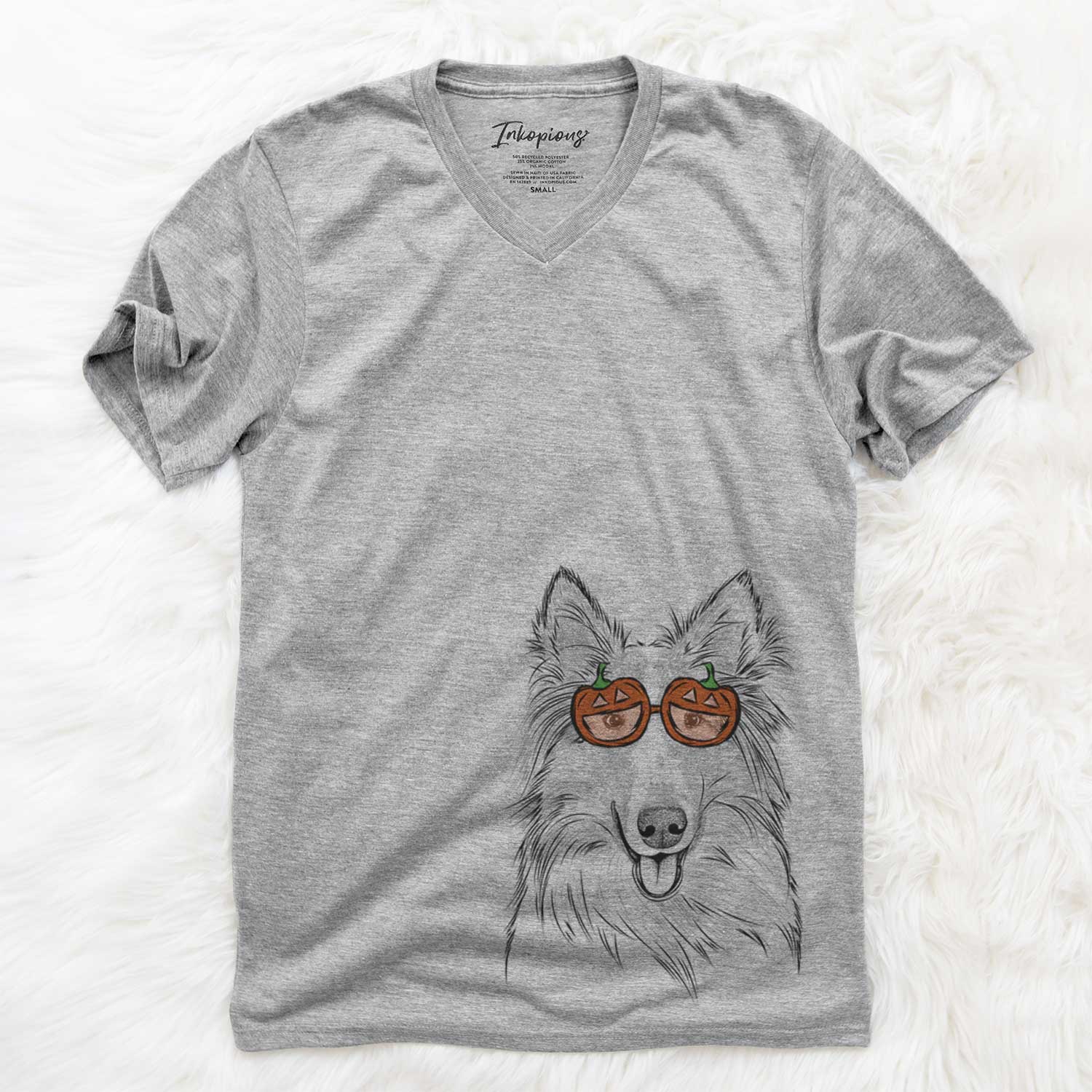 Hand-drawn sketch of Conrad the Rough Collie wearing pumpkin glasses on a Grey pumpkin collection