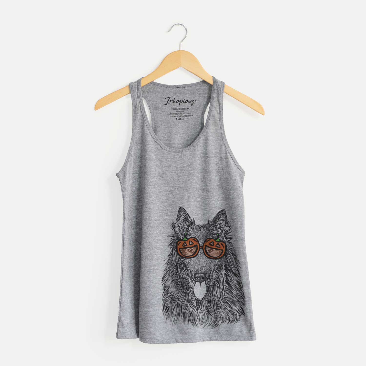 Hand-drawn sketch of Daan the Belgian Shepherd wearing pumpkin glasses on a Grey pumpkin collection