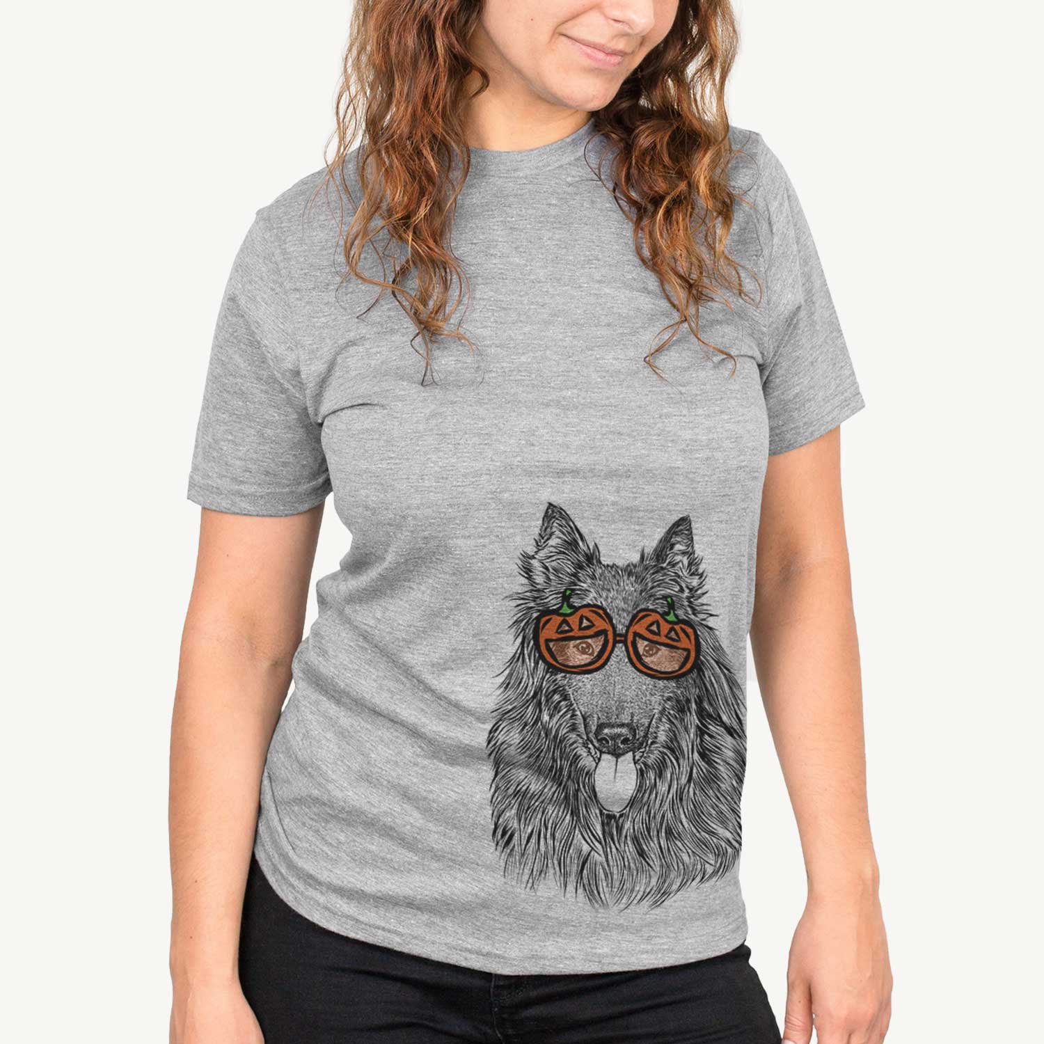 Hand-drawn sketch of Daan the Belgian Shepherd wearing pumpkin glasses on a Grey pumpkin collection