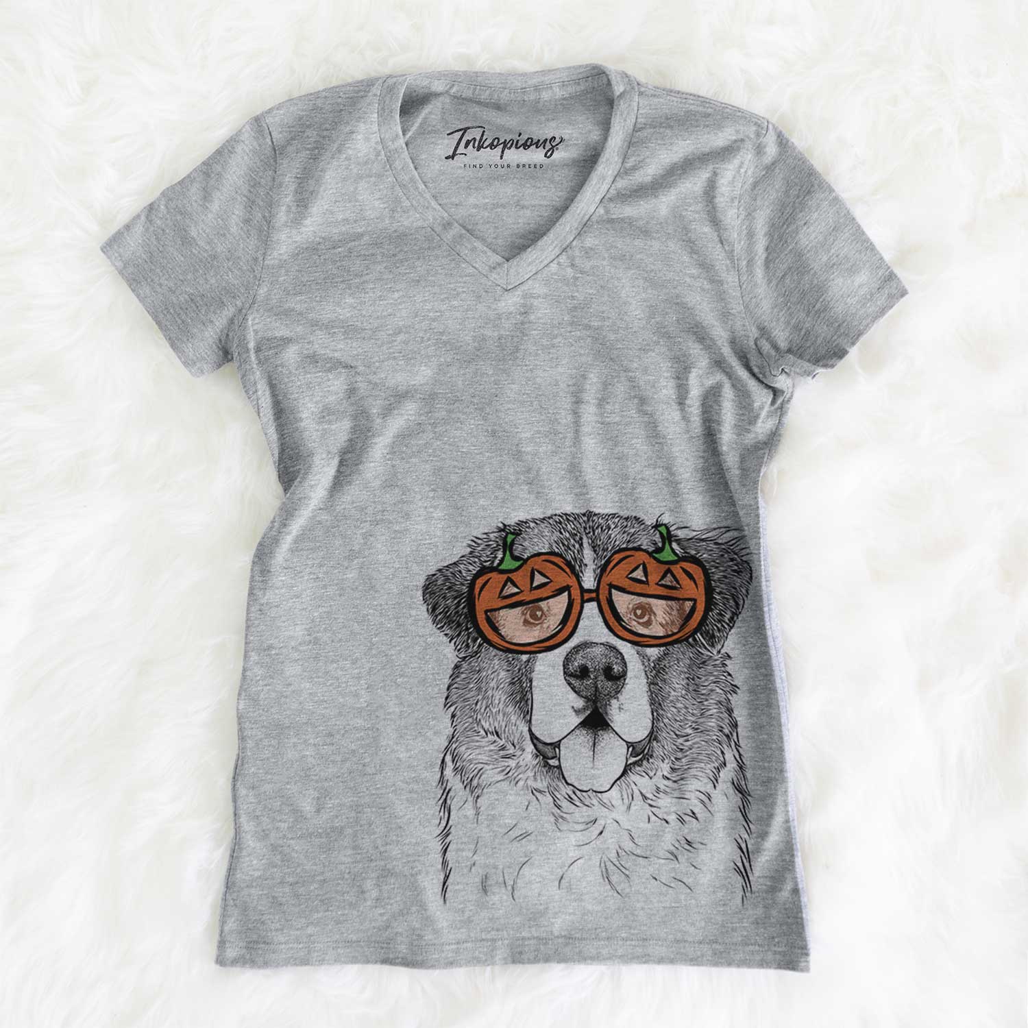 Hand-drawn sketch of Dilly the Saint Bernard wearing pumpkin glasses on a Grey pumpkin collection