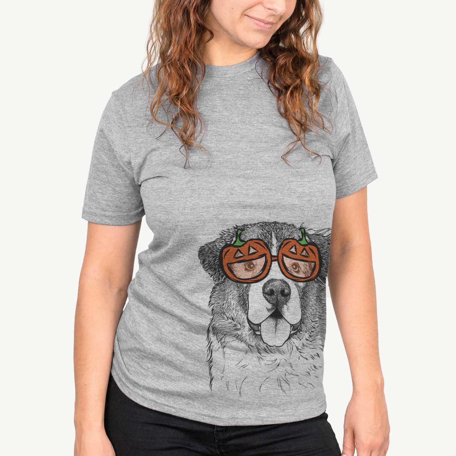Hand-drawn sketch of Dilly the Saint Bernard wearing pumpkin glasses on a Grey pumpkin collection