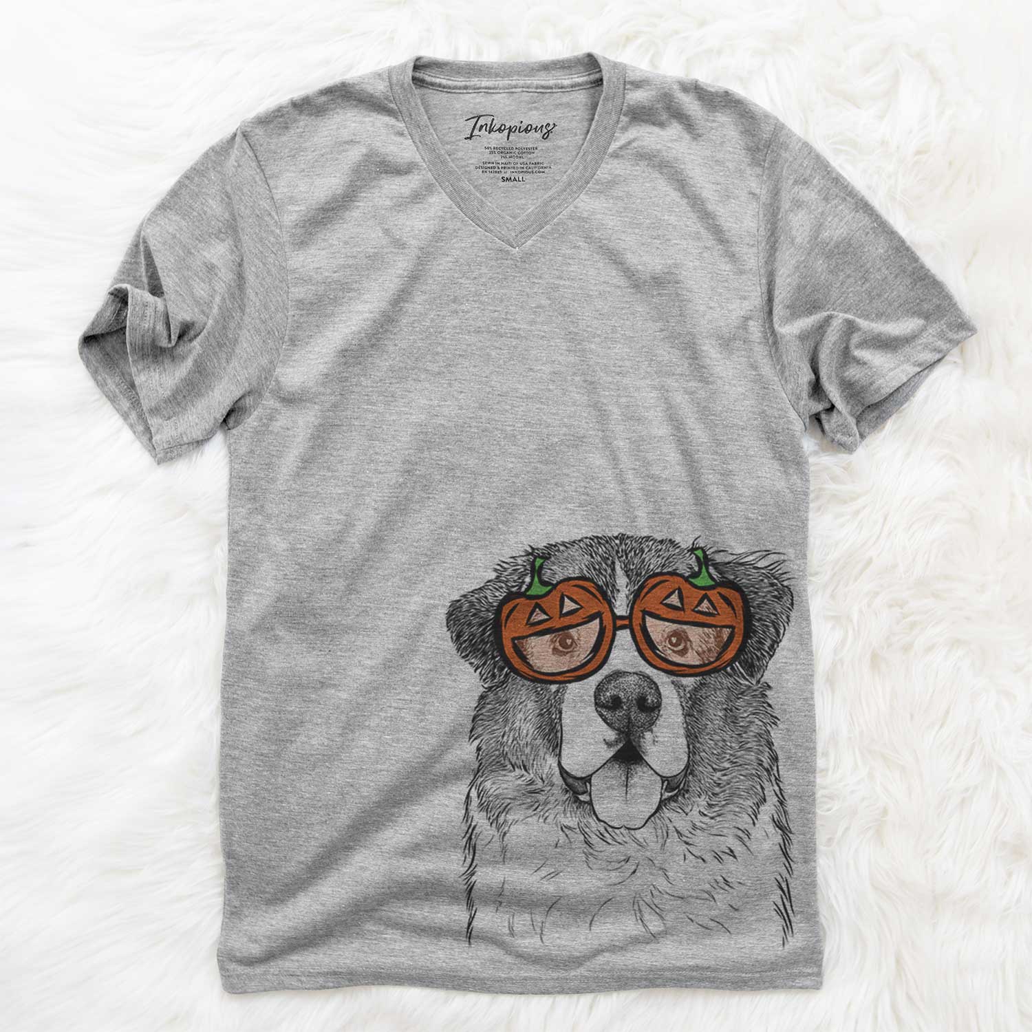 Hand-drawn sketch of Dilly the Saint Bernard wearing pumpkin glasses on a Grey pumpkin collection